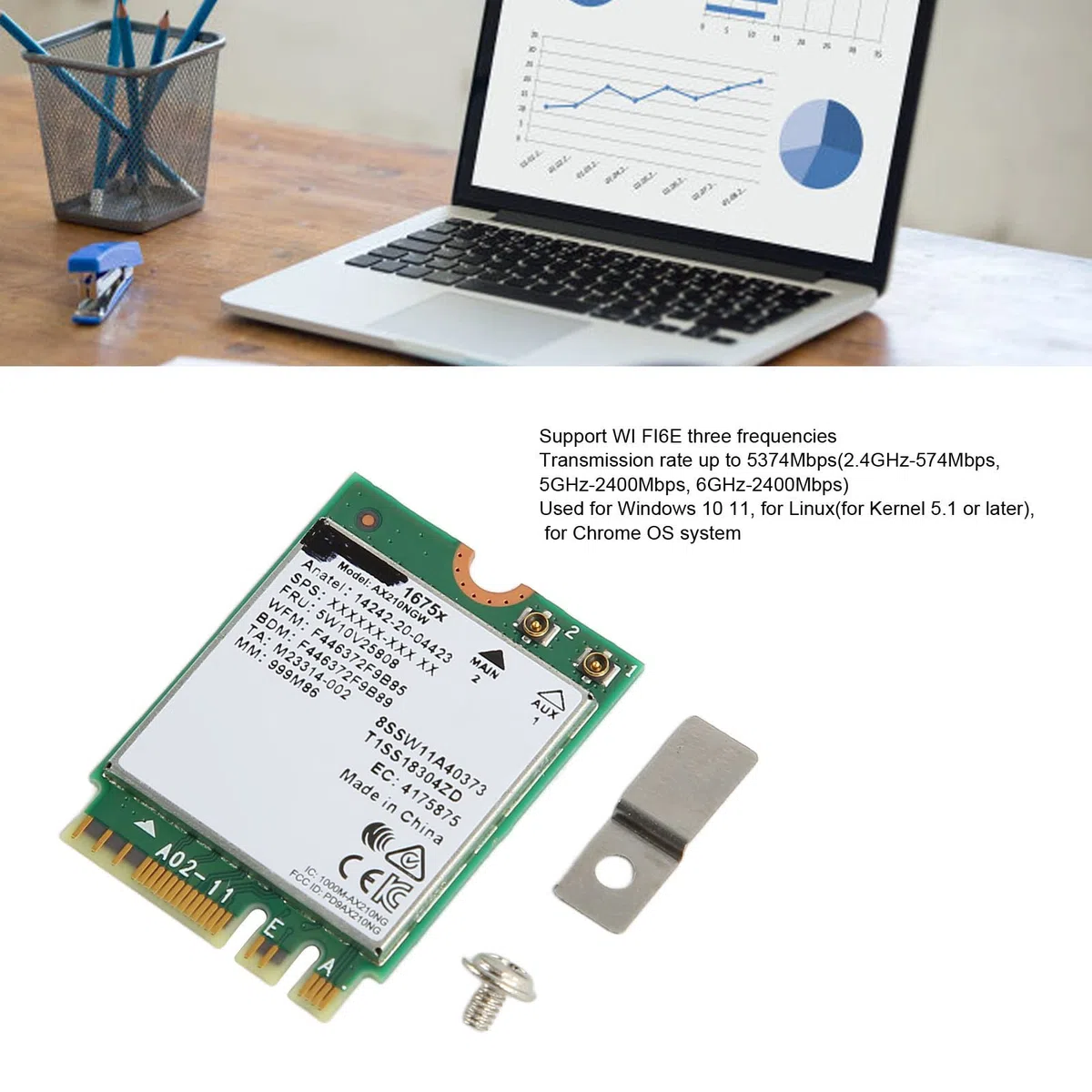 SIXRUN Carte WiFi 6E AX210NGW, Tri Bande 5374Mbps