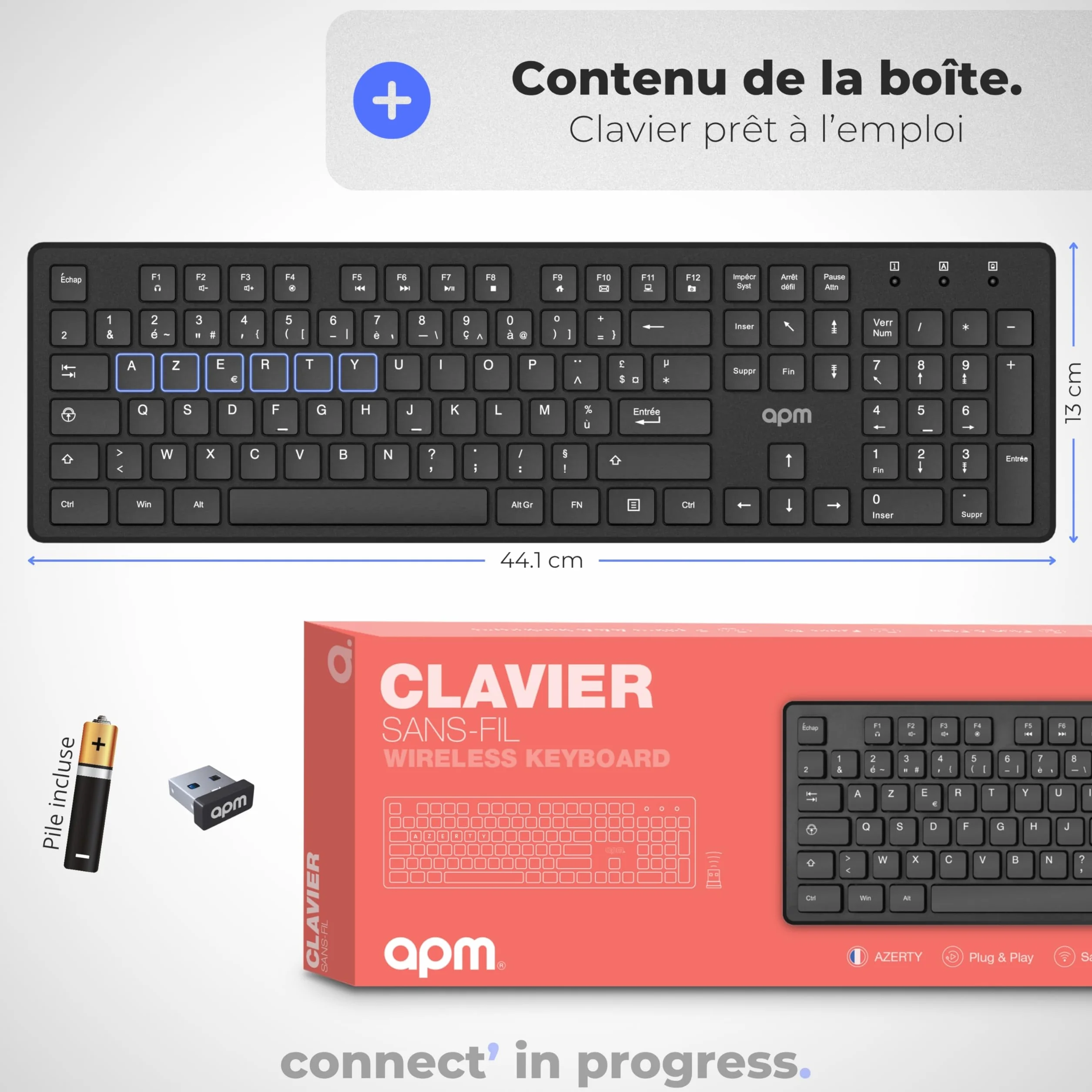APM Clavier Sans-Fil AZERTY 2.4GHz 105 Touches Ergonomiques Compatible PC Portable MacOS Windows Linux