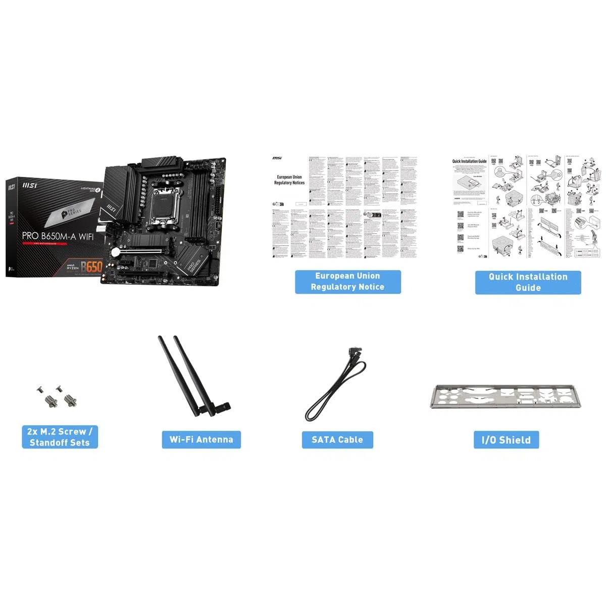 MSI Pro B650M-A WiFi ProSeries Carte mère AMD Ryzen 8000/7000, AM5, DDR5, PCIe 4.0, M.2, SATA 6 Go/s, USB 3.2 Gen 2, HDMI/DP, Wi-FI 6E, Bluetooth 5.3, LAN 2,5 Gbit/s, mATX