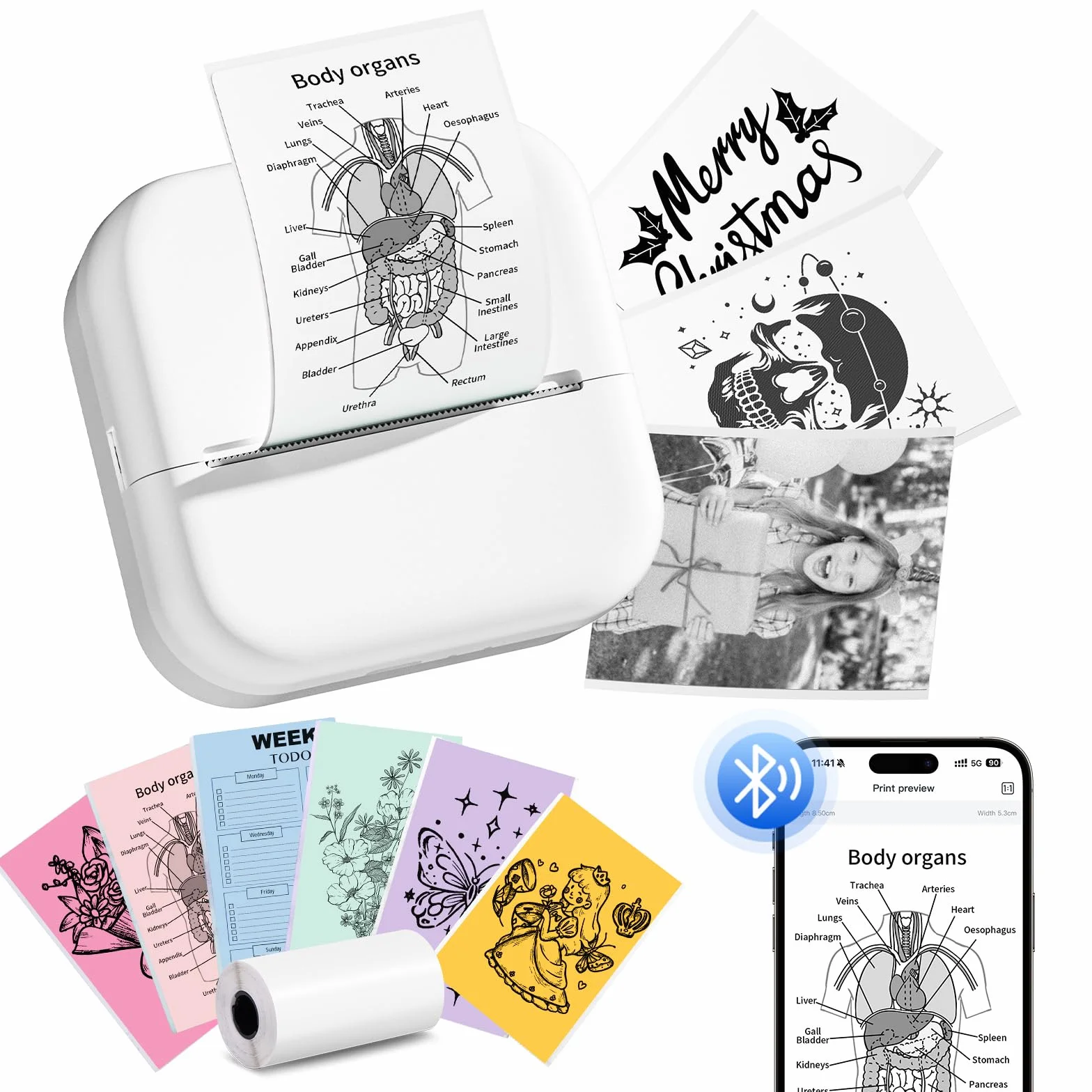 Memoking Mini Imprimante Thermique M02L Bluetooth Portable Stickers Autocollant avec Papier