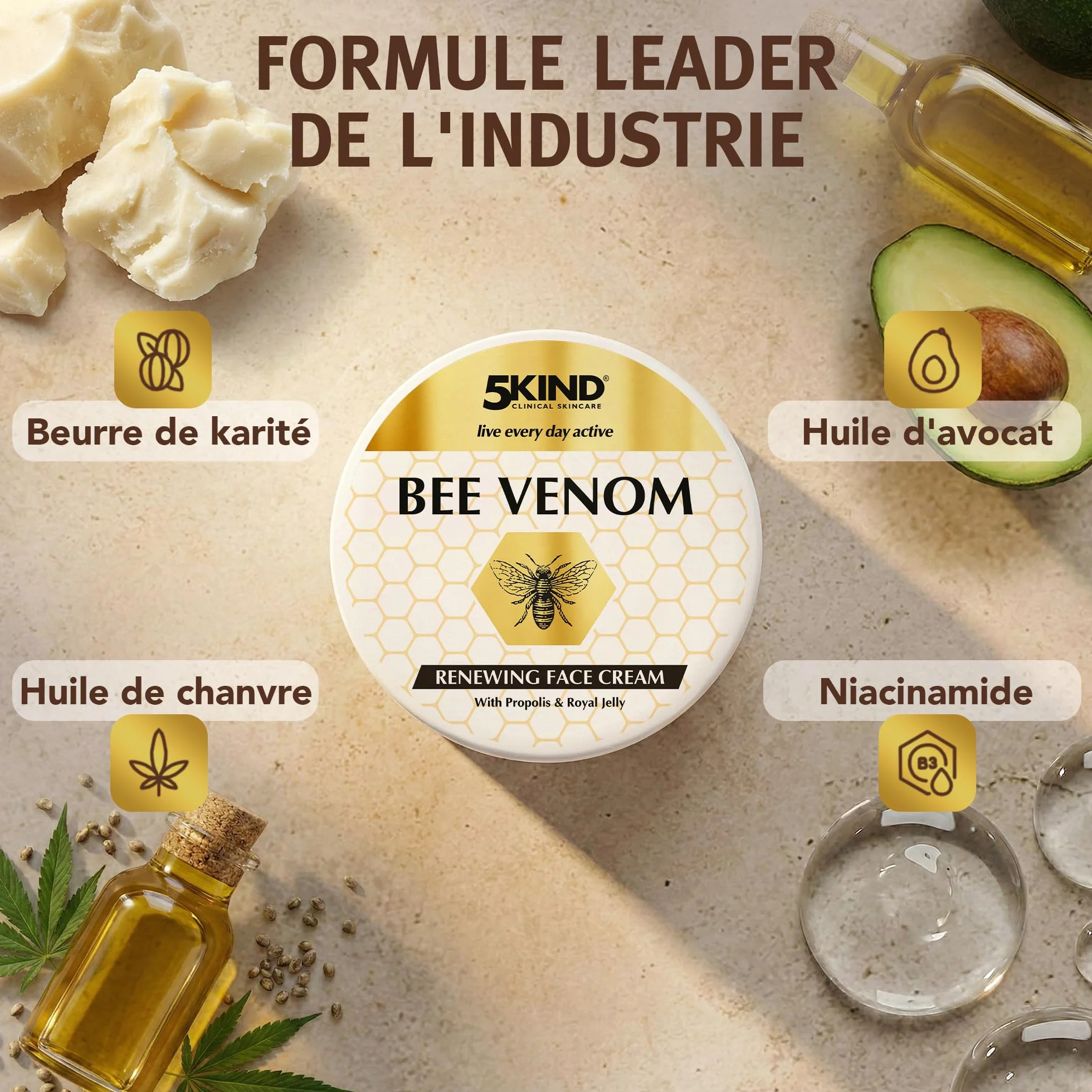 Crème Visage Régénérante au Venin d’Abeille 5Kind avec Propolis & Gelée Royale 100 ml - Crème Anti-Âge