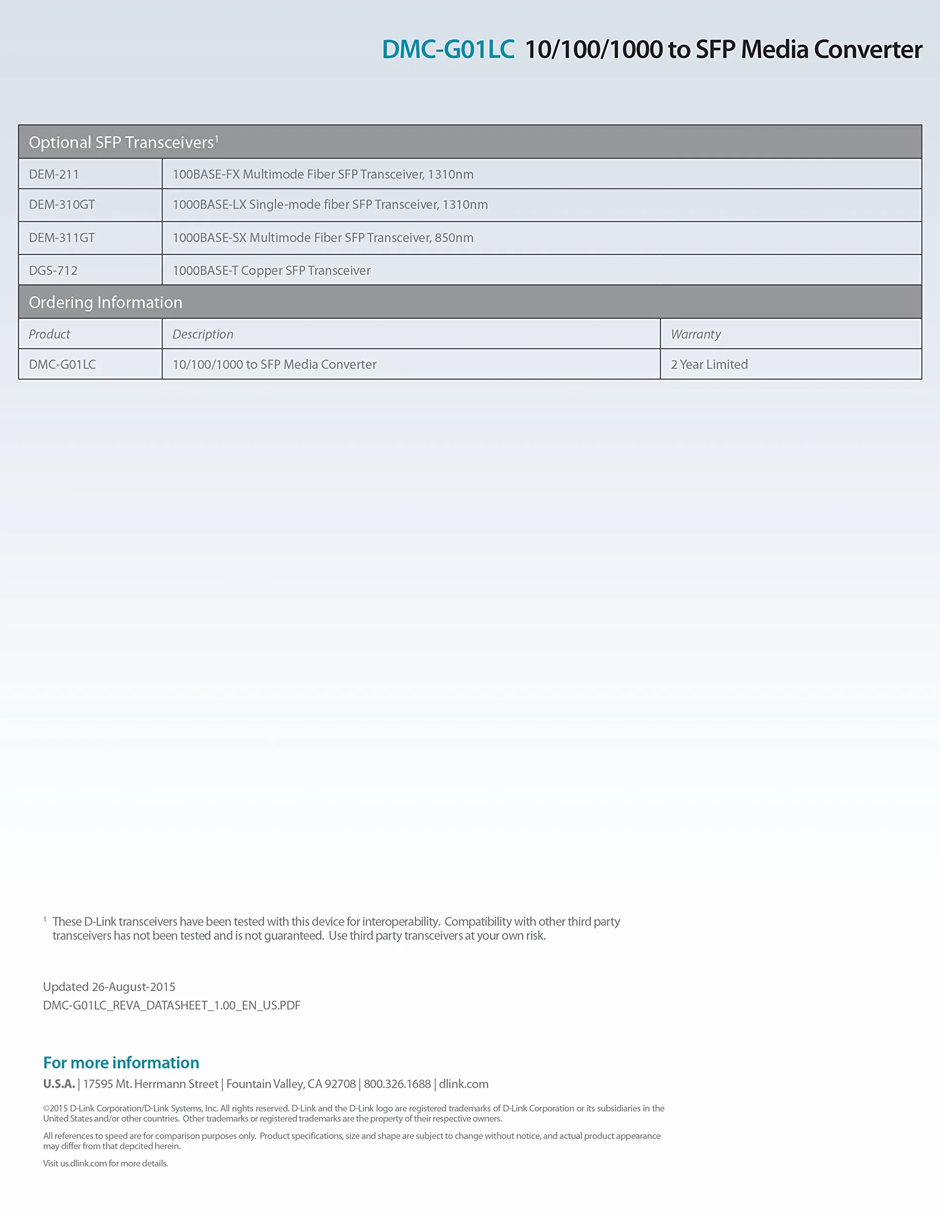 D-Link DMC-G01LC 1000Mbit/s Gris convertisseur de support réseau - Convertisseurs de support réseau (1000 Mbit/s, IEEE 802.3ab,IEEE 802.3u,IEEE 802.3x, Gigabit Ethernet, 10,100,1000 Mbit/s, SFP, Avec fil)