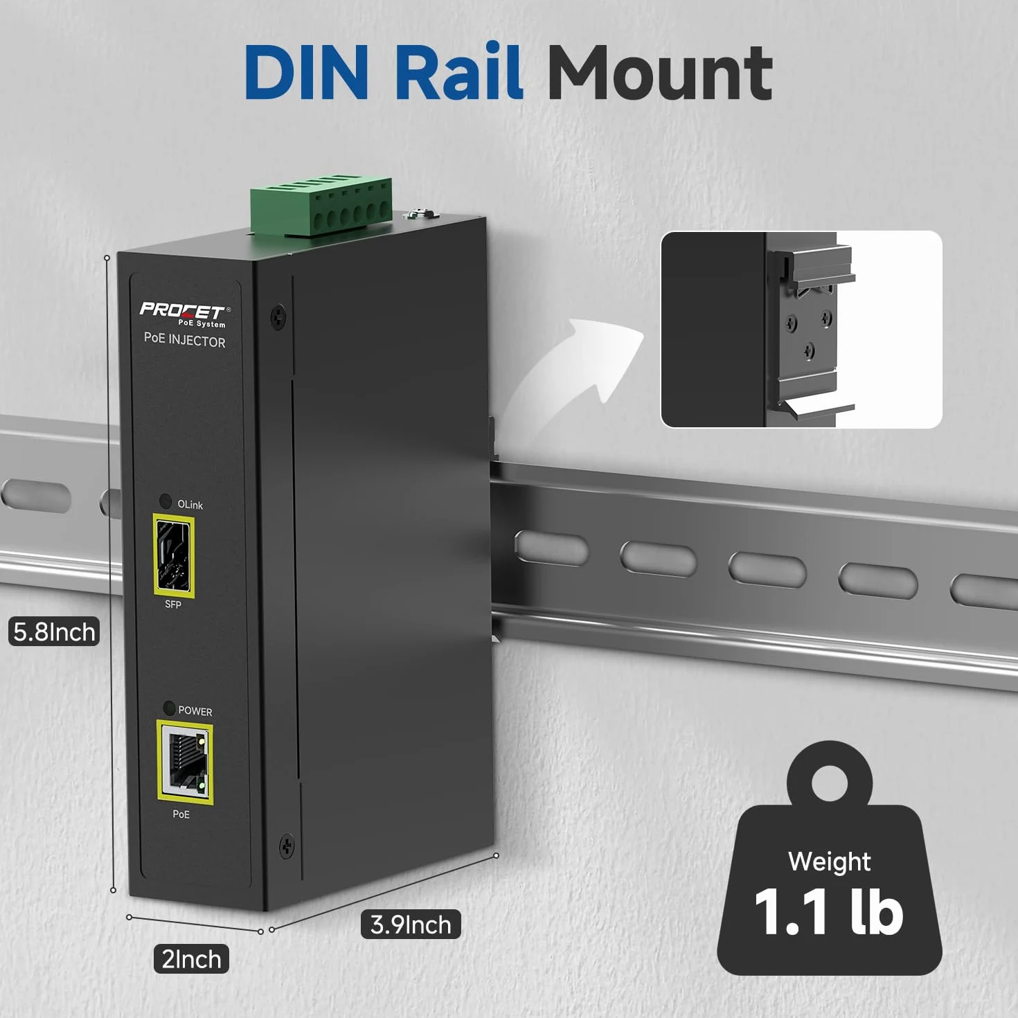PROCET SFP Fiber PoE Injecteur DIN Rail IEEE802.3bt 60W Industrial Gigabit SFP/Uplink PoE++ Injecteur de puissance pour caméra IP, point d'accès, POS, kiosques