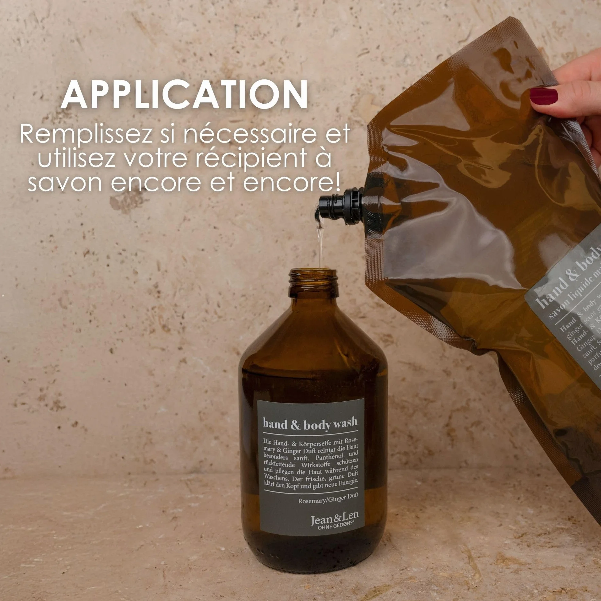 Jean & Len Hand & Body Wash Rosemary et Ginger éco-recharge 1,5 L savon liquide sans silicones parabènes