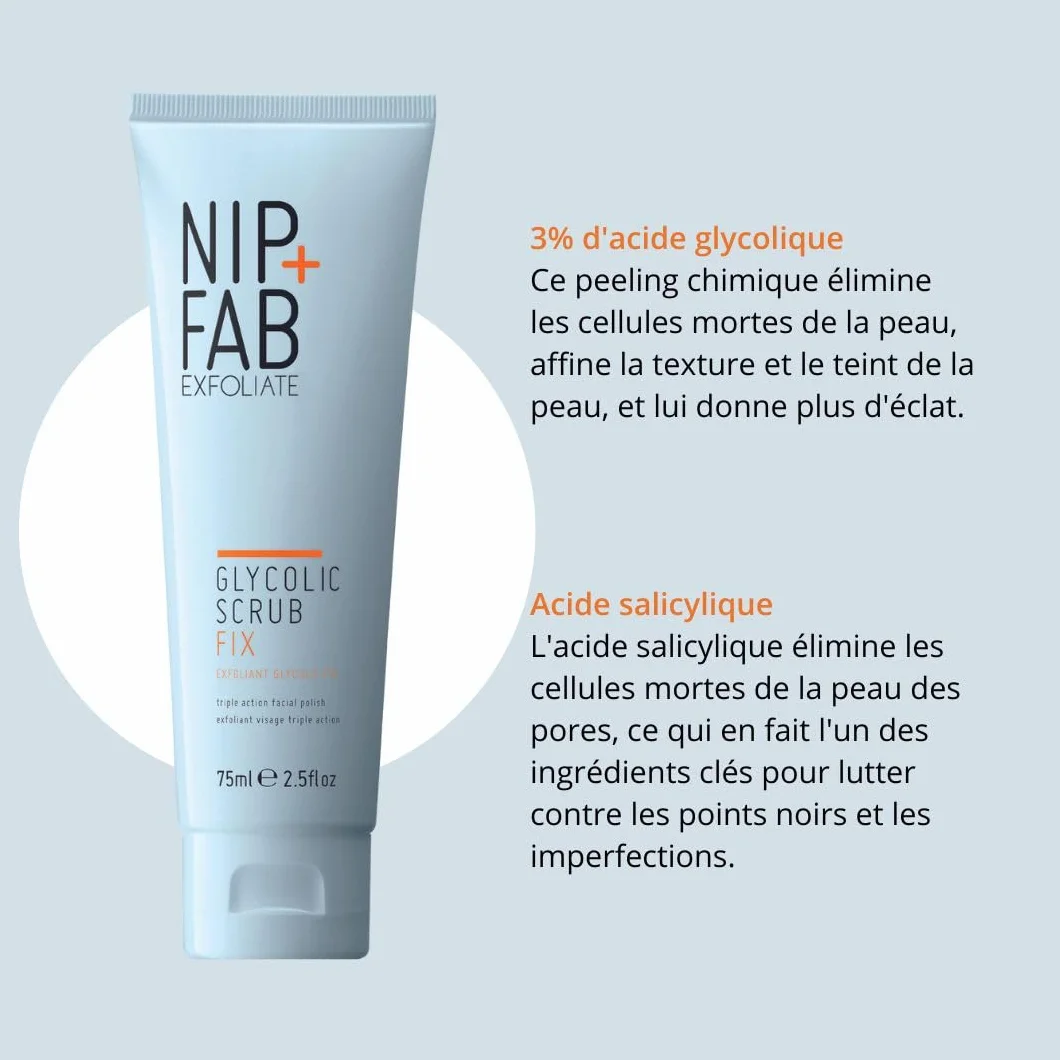 Nip+Fab Glycolic Fix Scrub Peeling Acide Glycolique Acide Salicylique Aha/Bha Nettoyant Exfoliant Visage 75 ml