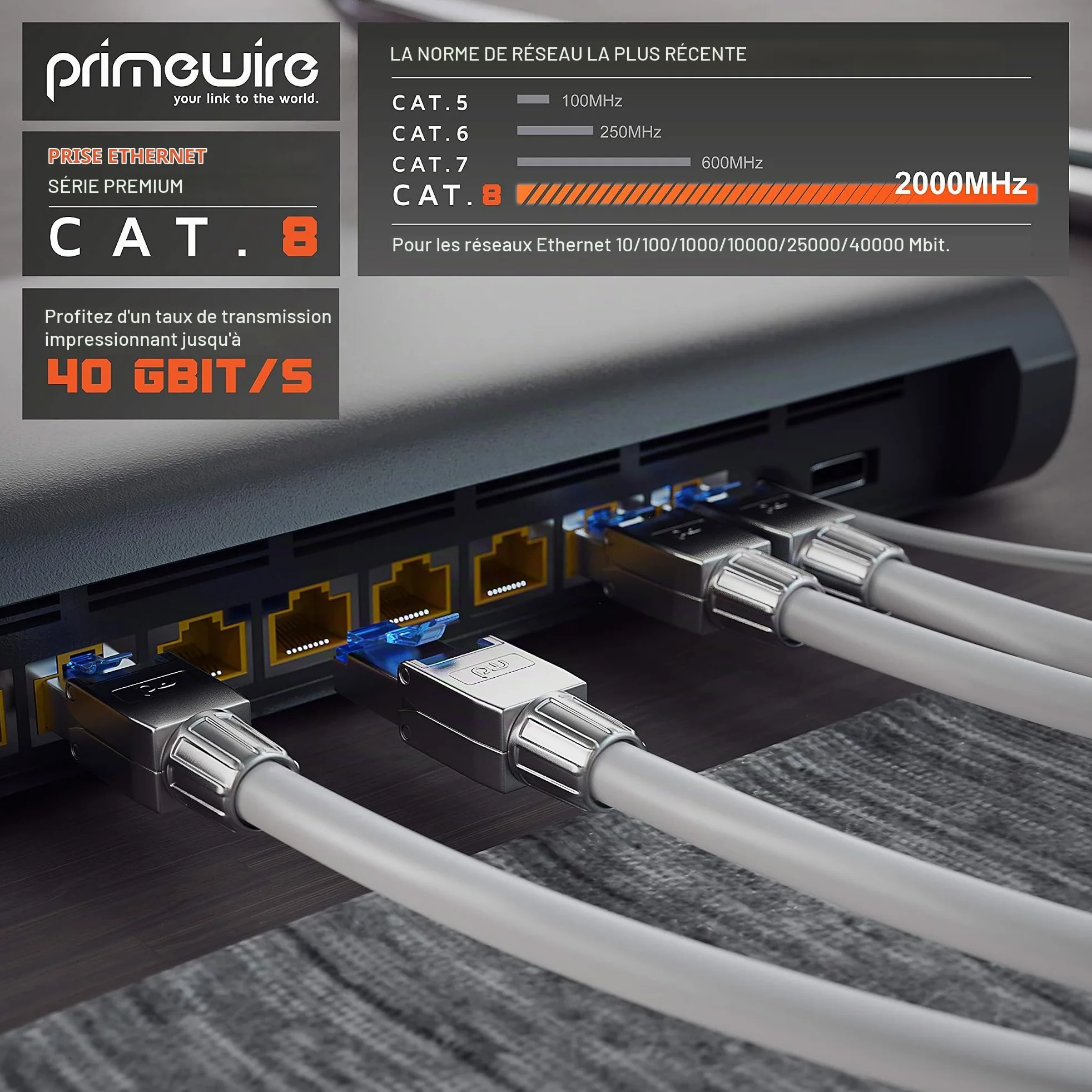 Primewire - 10x connecteurs de sertissage sans Outils RJ45 Cat 6 Cat 7 Cat 8 - connecteur modulaire rj45 - fiche rj45 sans Outil - blindé en Zinc - LAN 40 GBit/s 20000 MHz - TIA-568A, B - 23, 26 AWG