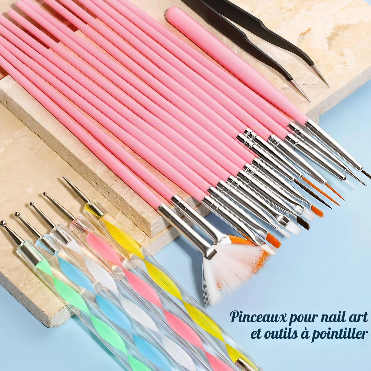 FANDAMEI Kit Nail Art Pinceaux Dotting Pens Strass Paillettes Papillon Feuille d'Or Décoration d'Ongles Rose