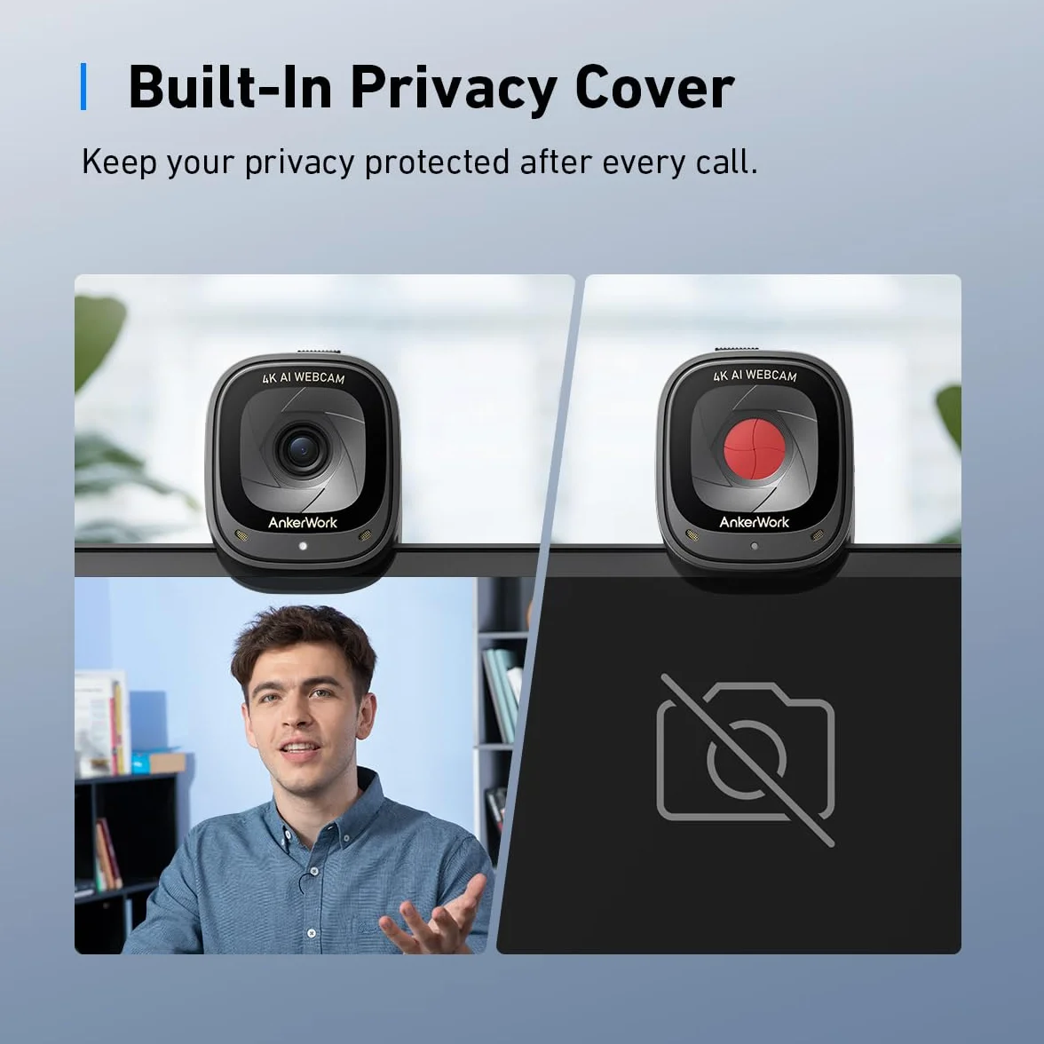 AnkerWork C310 Webcam 4K 12MP AI Auto Focus Framing Noise Canceling Mic Privacy Cover Adjustable FOV HDR Reconditionné
