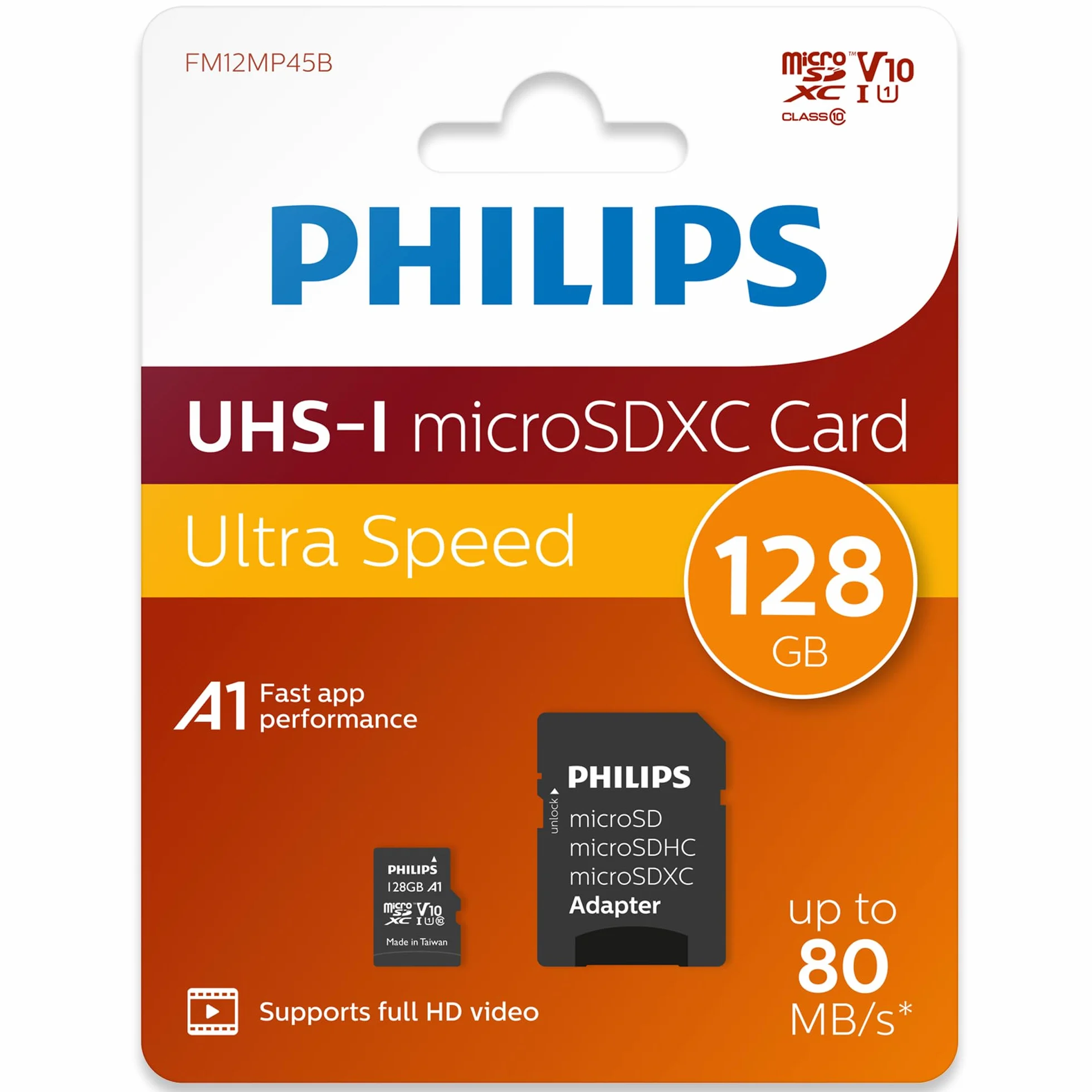 Philips Carte microSDXC 128 Go UHS-I U1 A1 V10 Lecture 80 Mo/s