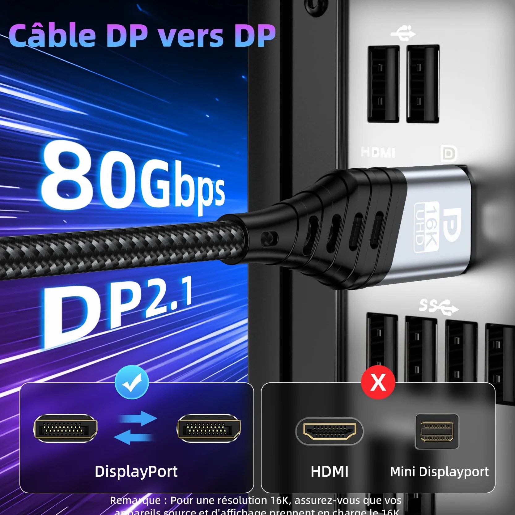 Câble DisplayPort 2m 2.1 16K DP 80Gbps HDR FreeSync G-Sync DSC 1.2a HDCP 2.2