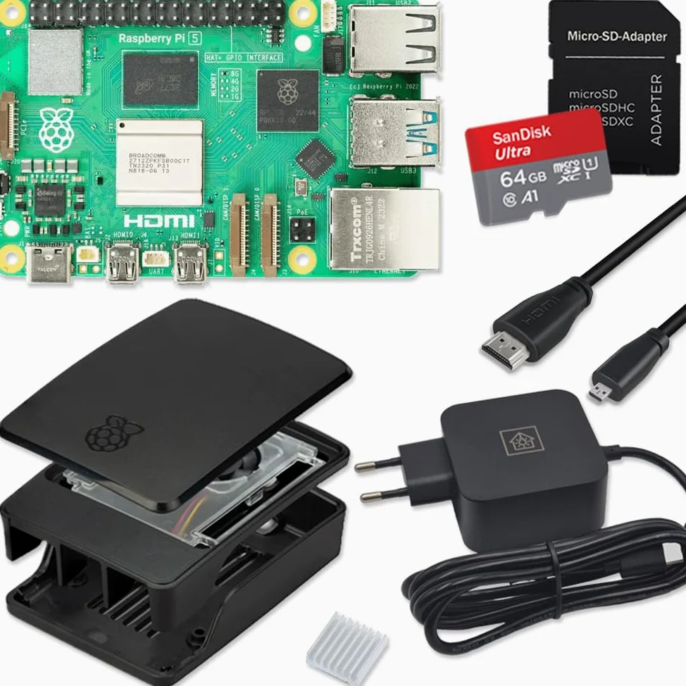 Raspberry Pi 5 Kit de démarrage 8 Go noir | Bloc d'alimentation USB-C 45 W | Boîtier avec ventilateur | Carte SD Ultra 64 Go | Câble Micro HDMI 4K | Dissipateur thermique | Raspberry Pi 5 8 Go de RAM