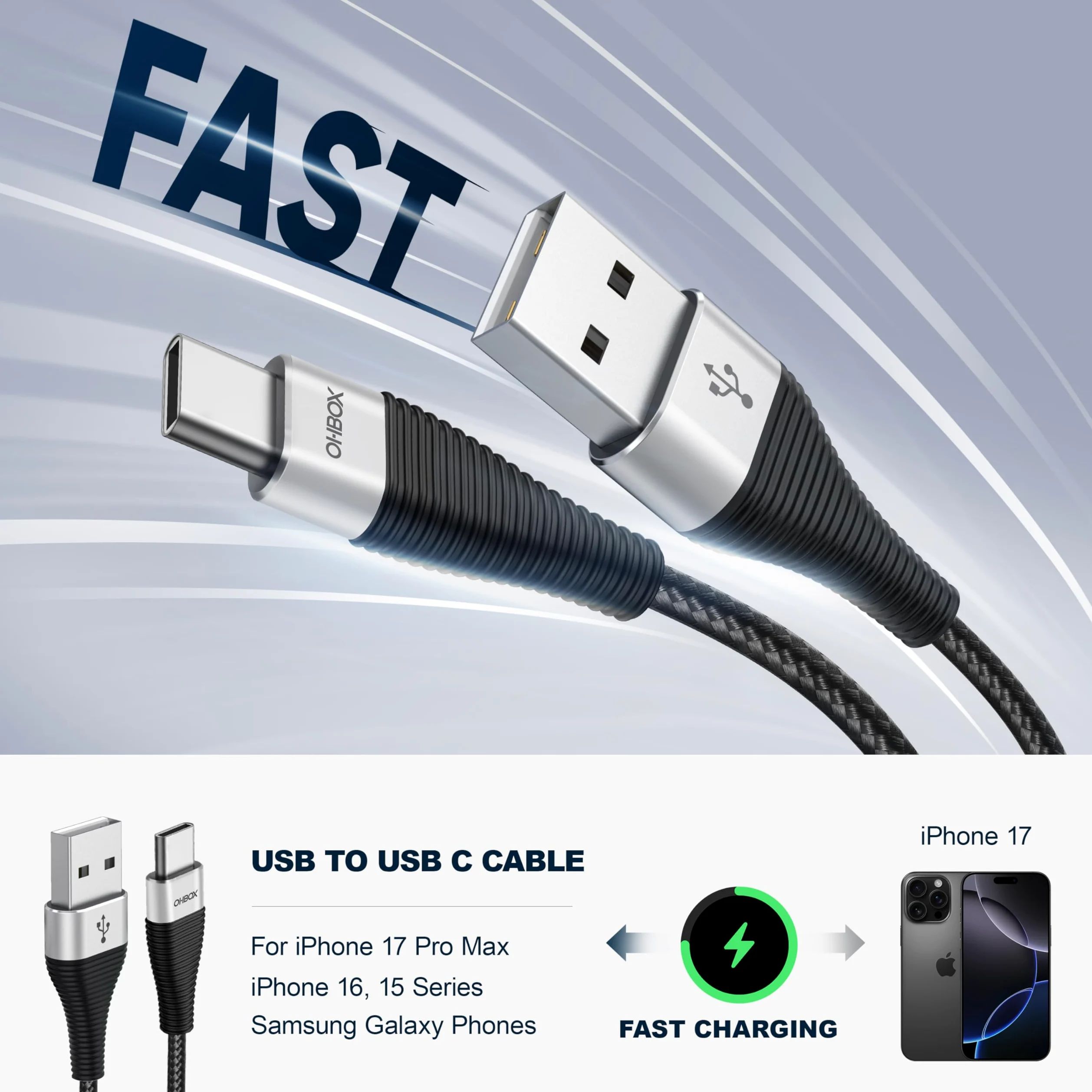Lot de 3 câbles USB A vers USB C de 1,8 m, câble de charge rapide durable USB vers USB C, câble USB de type C en nylon tressé pour iPhone 17/16/15/Pro Max, Samsung Galaxy S26