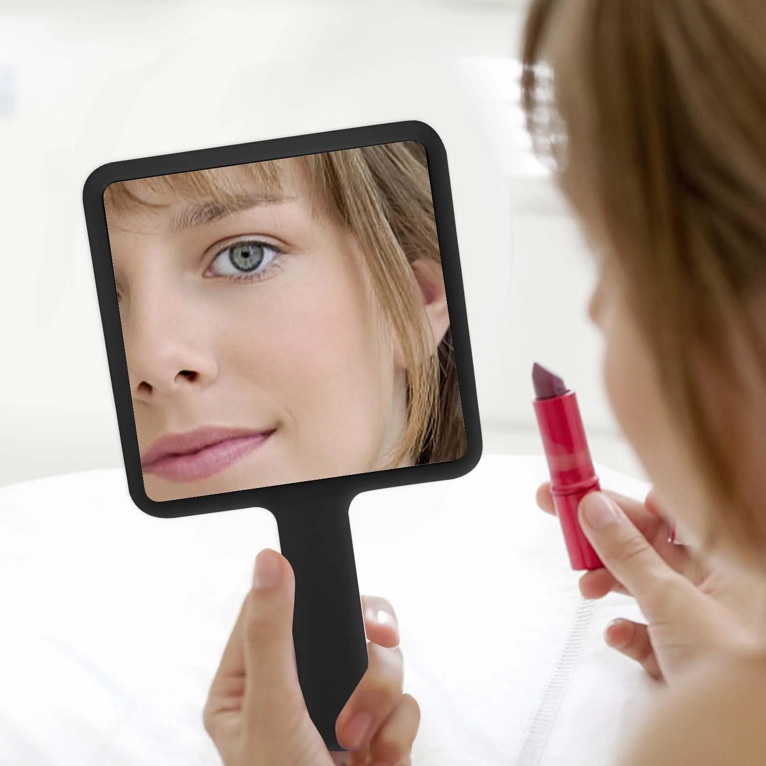 Miroir à Main de Coiffure Carré avec Poignée pour Maquillage Voyage Salon Noir