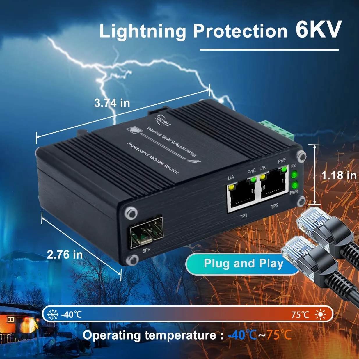 Mini convertisseur de média à fibre Gigabit industriel à 2 ports prenant en charge l'installation sur rail DIN, commutateur à fibre IEEE 802.3af/at 30 W PoE+ avec 2 ports RJ45 et 1 port SFP, entrée