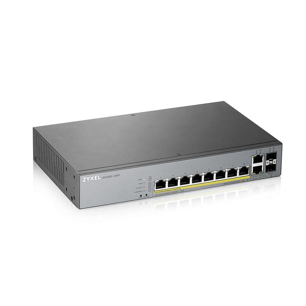 Zyxel Commutateur PoE+ 8 Ports Gigabit géré Intelligent | Budget de 130 W | 2 Ports Gigabit cuivre + 2 SFP | Gestion du Cloud nébuleuse | Longue portée [GS1350-12HP]