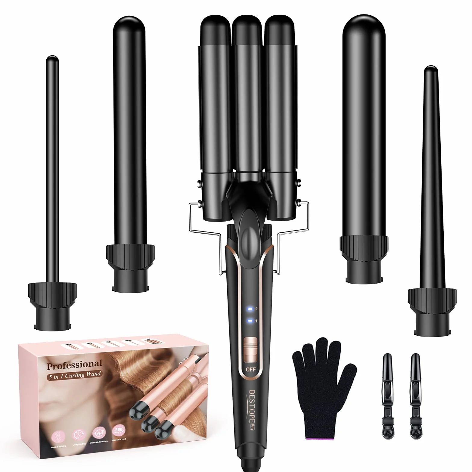 BESTOPE PRO Ensemble de bigoudis en fer ondulé 5 en 1 - bigoudis céramique 3 barils température réglable Noir
