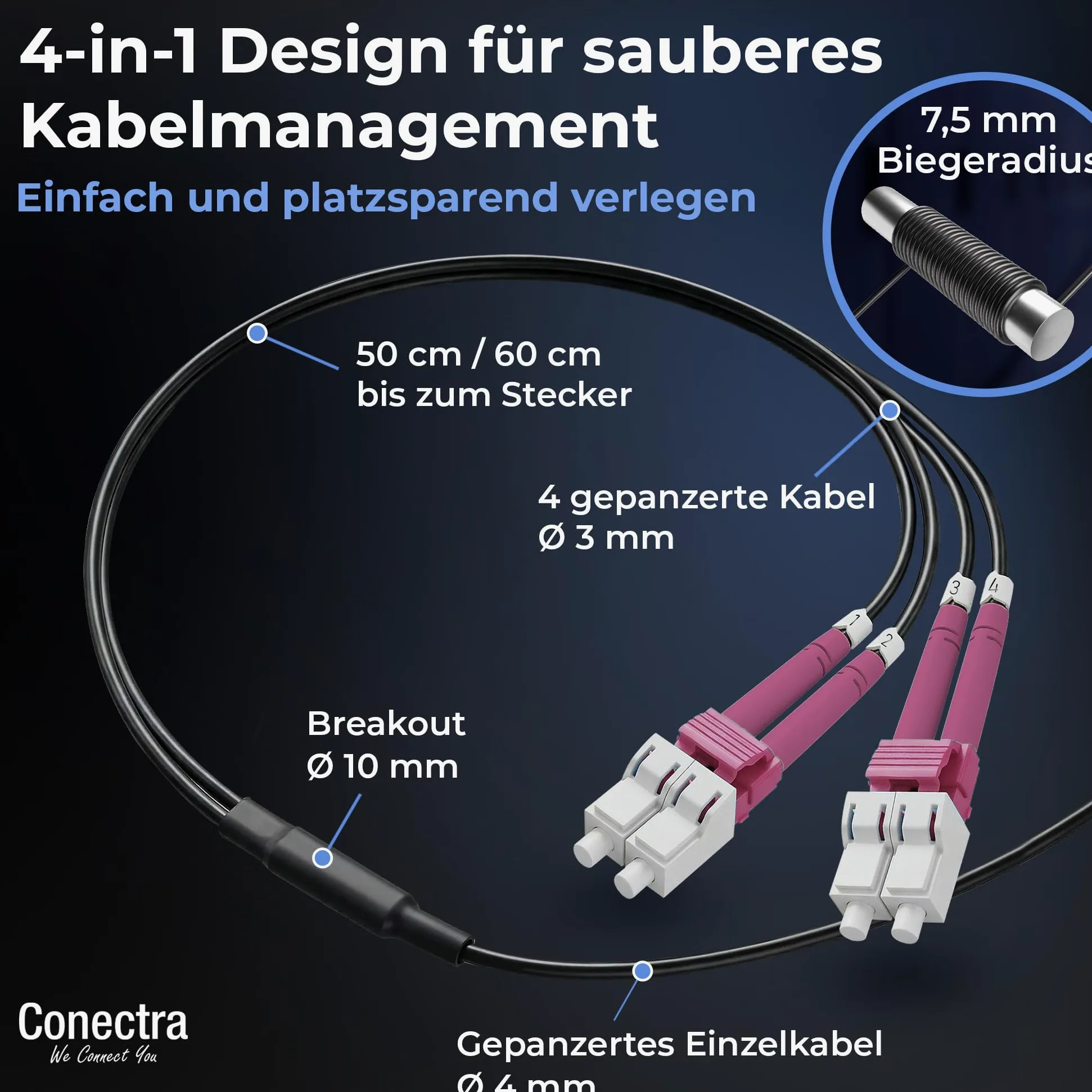 40m Câble Fibre Optique Blindé 4 Brins OM4 LC/UPC ⌀4mm | Multimode 50/125µm, Jarretière Rallonge Cordon, Breakout sans Épissures, Intérieur/Extérieur, Noire, LSZH