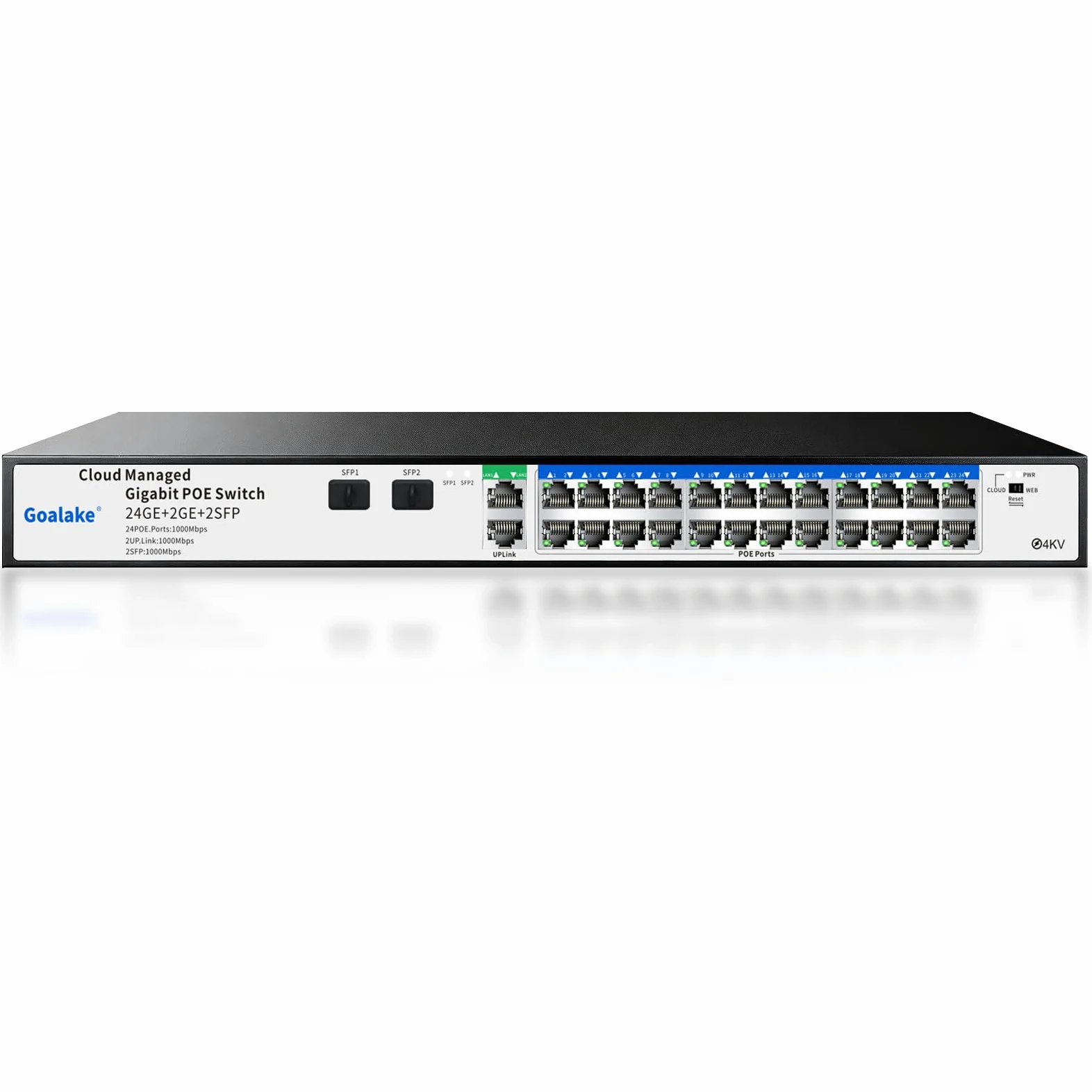Switch Gigabit PoE 24 Ports Gestion Cloud Goalake | 360W, 802.3af/at, 2 Ports SFP + Uplink | VLAN, Réinitialisation Cloud, Portée 250m | Contrôle Facile par Application