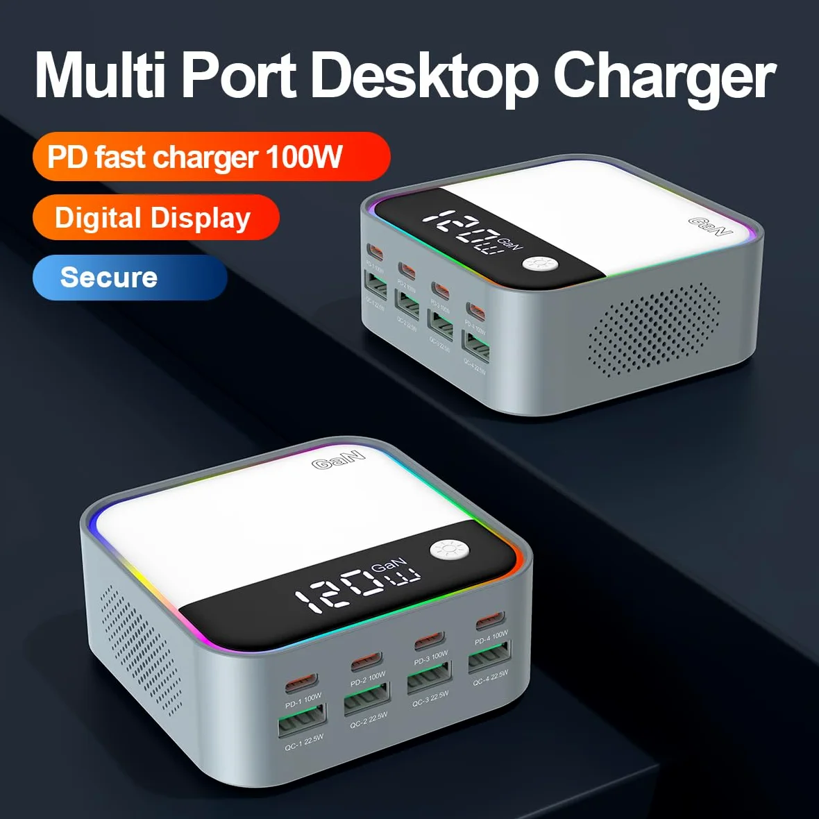 120W Chargeur rapide, station de charge USB C GaN à 8 ports avec port de charge rapide PD3.0 et QC3.0 de 100W et affichage numérique intelligent