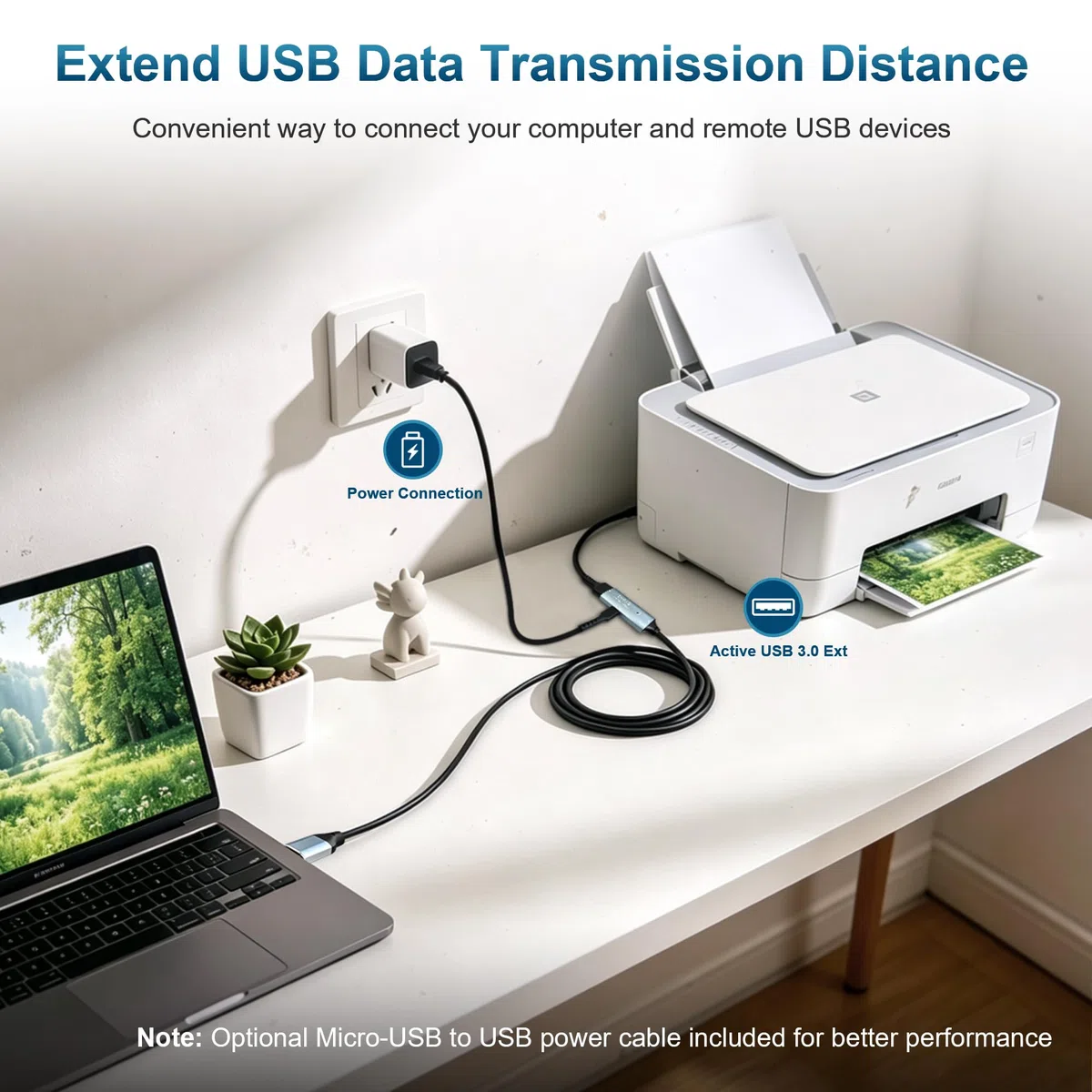 Tan QY Câble d'extension actif USB 3.0 de type A mâle vers A-femelle avec 1 amplificateur de signal et 1 port de charge USB-C, pour webcam, hub USB, appareil photo, imprimante (5 m)