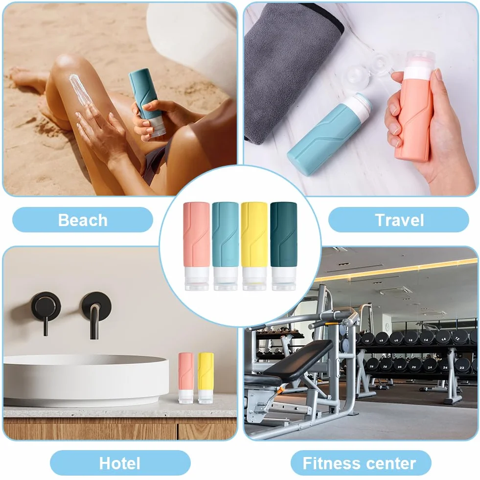 Flacons de Voyage Avion 4PCS 100ml Silicone Étanches Kit Toilette Vide pour Shampooing Lotion Gel Douche