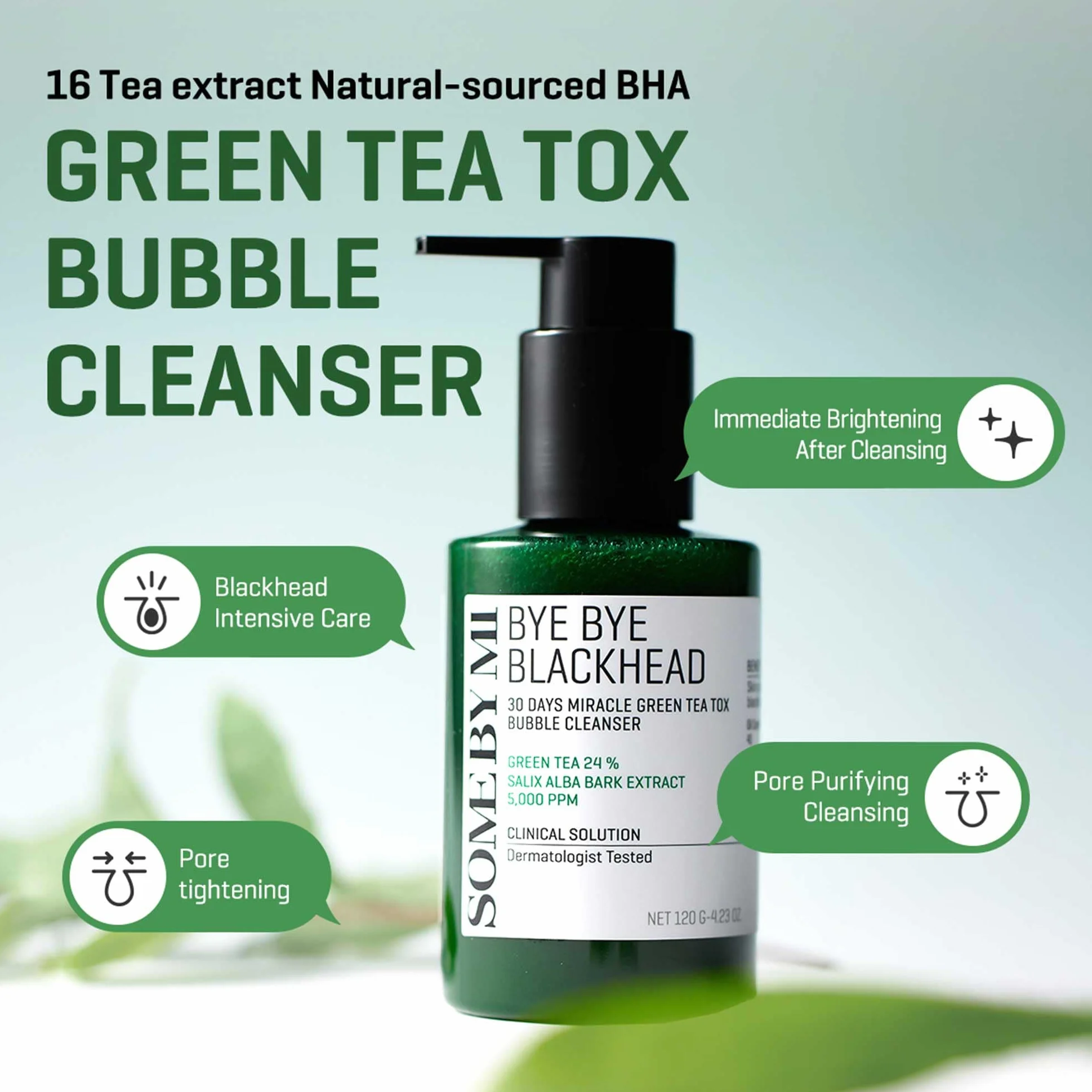 SOME BY MI Bye Bye Blackhead 30 Days Miracle Green Tea Bubble Cleanser 120g Nettoyant visage moussant au thé vert Réduit points noirs affine pores