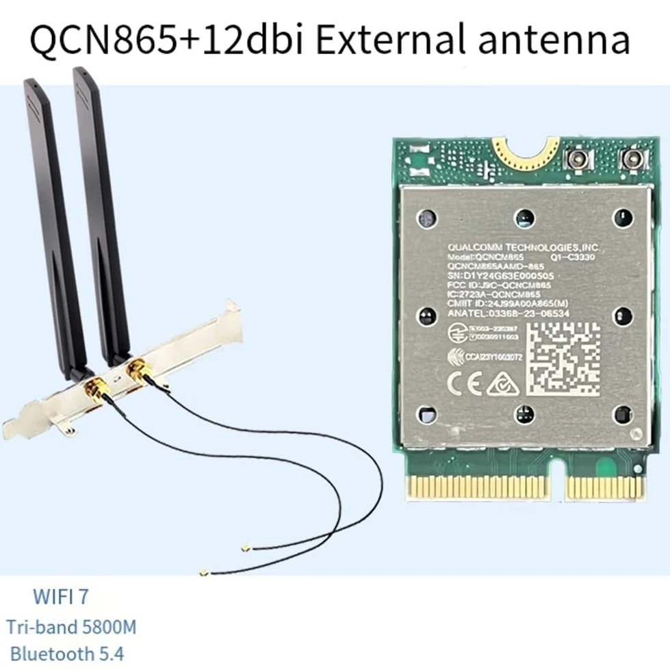 Carte WiFi7 QCNCM865 sans Tri Band WiFi7 QCNCM865 2,4 Gbit/S Bluetooth 5.4 Adaptateur Réseau sans 2,4G/5G/6Ghz pour Win11 pour 802.11be M.2 NGFF WLAN Carte WiFi Uniquement pour Win11