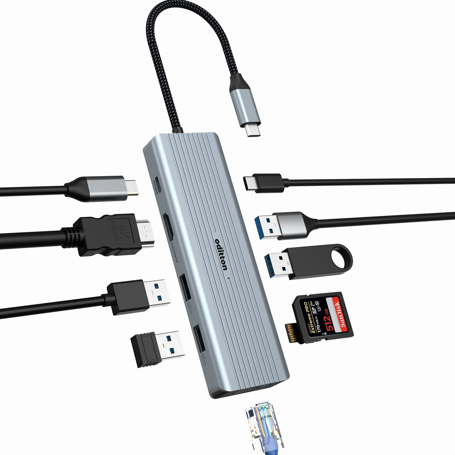 Hub USB C, oditton 10 en 1 Adaptateur USB C avec HDMI 4K, 2* USB-A 3.0, 2* USB-A 2.0, 5Gbps USB-C Port de Données, 100W PD, Ethernet, Parte SD/TF Station d'accueil pour MacBook, iMac, et Plus.