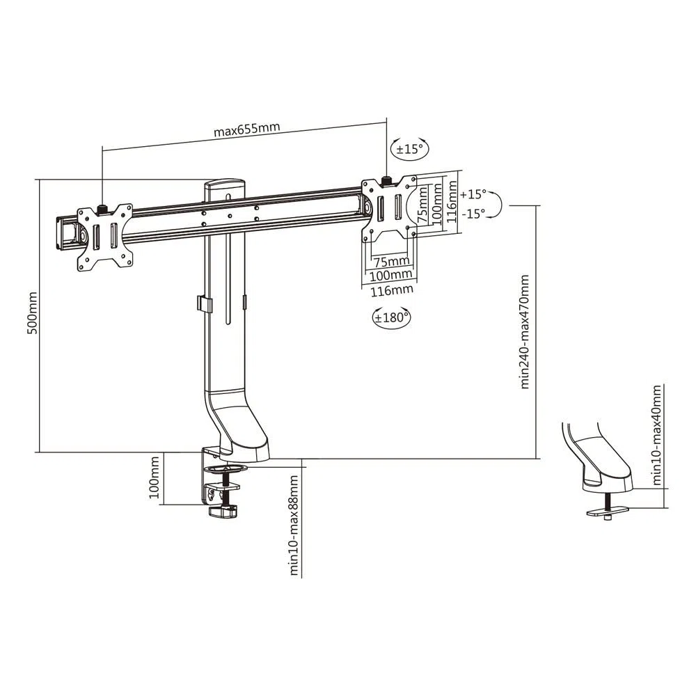 ACT AC8322 Barre transversale de Bras pour écran Double jusqu'à 32", Hauteur réglable avec vis moletée, VESA 75/100 mm, Support de Bureau pour Moniteur, inclinable à 30°, Rotation à 30°, Rotation à