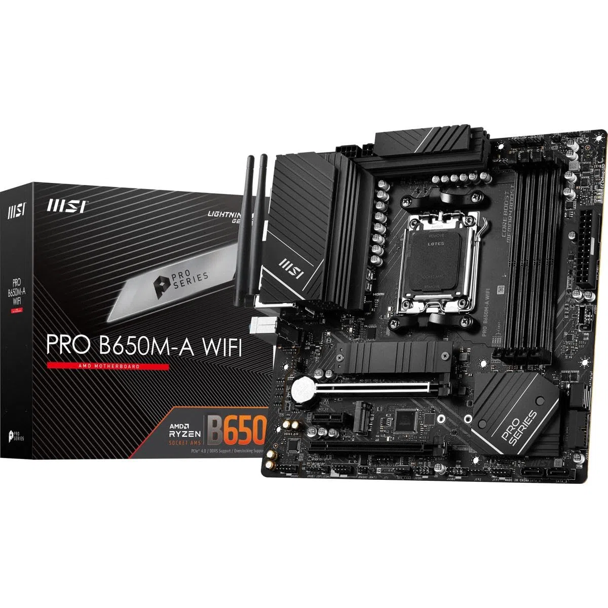 MSI Pro B650M-A WiFi ProSeries Carte mère AMD Ryzen 8000/7000, AM5, DDR5, PCIe 4.0, M.2, SATA 6 Go/s, USB 3.2 Gen 2, HDMI/DP, Wi-FI 6E, Bluetooth 5.3, LAN 2,5 Gbit/s, mATX