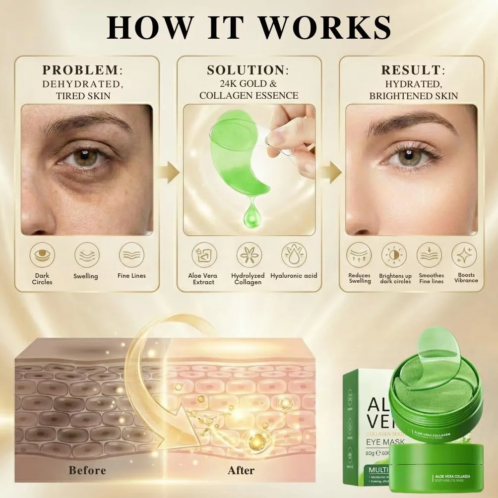 Patch Yeux Collagene Acide Hyaluronique 60 Pcs Anti Cernes Aloe Vera Éclaircir Poches Puffiness Rides