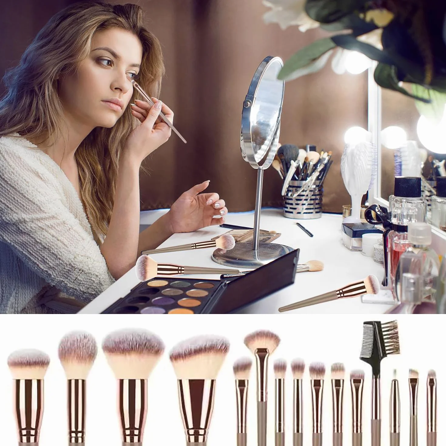 Pinceau Maquillage Set 15pcs, fond de teint poudre blush concealers ombres à paupières trousse