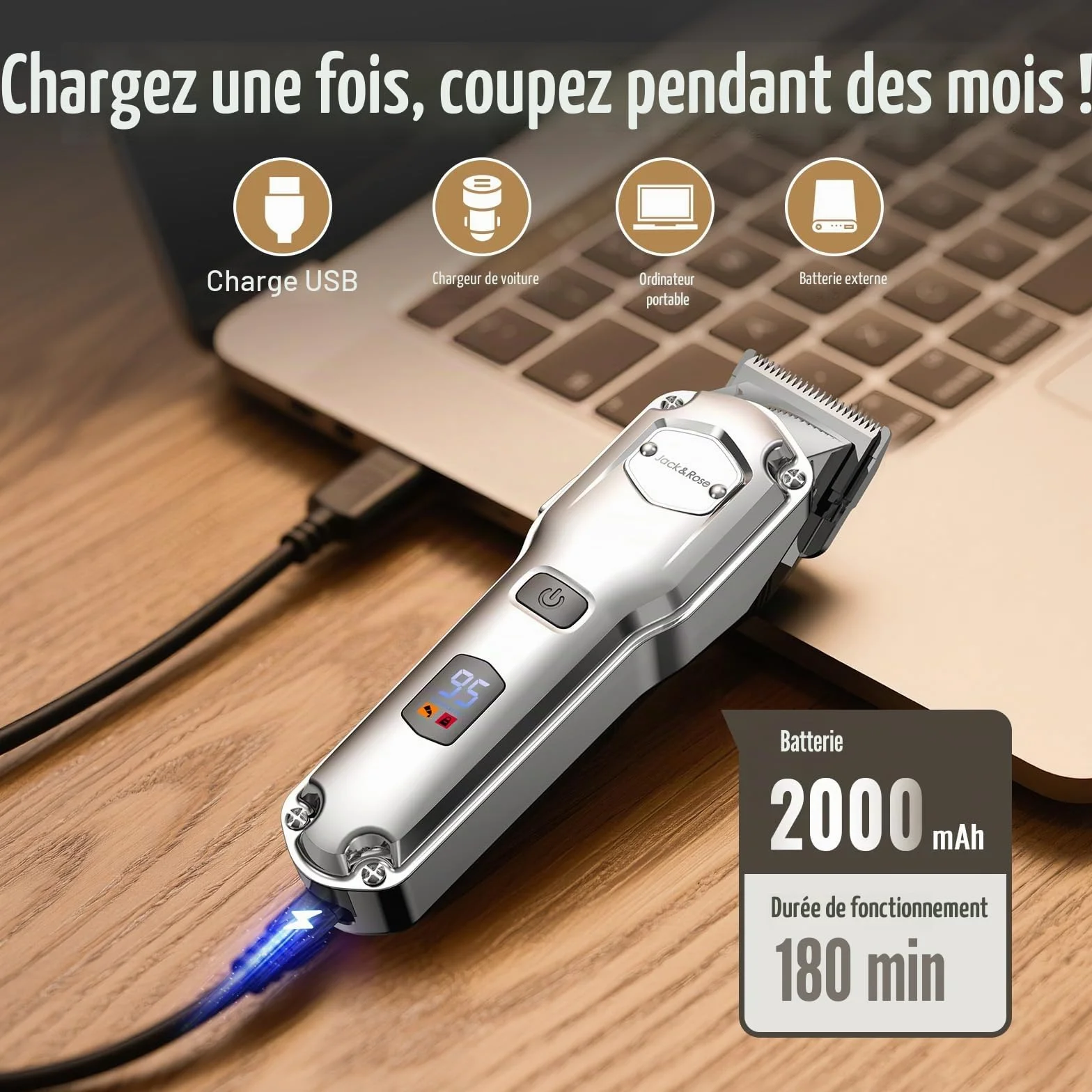 Jack & Rose Tondeuse Cheveux Hommes Sans Fil IPX7 Étanche Recharge USB