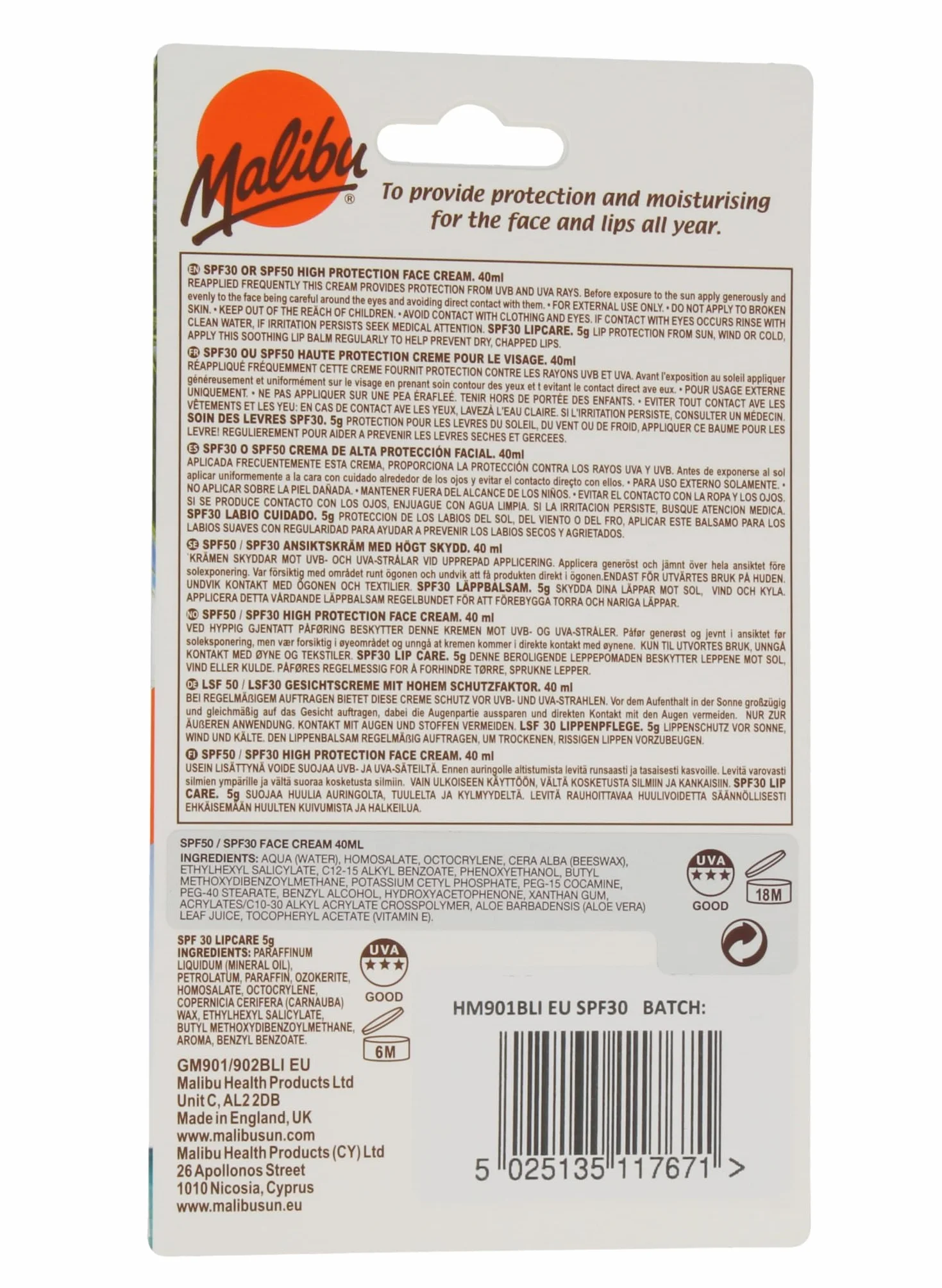 Malibu Face Lotion Plus Lipbalm SPF30