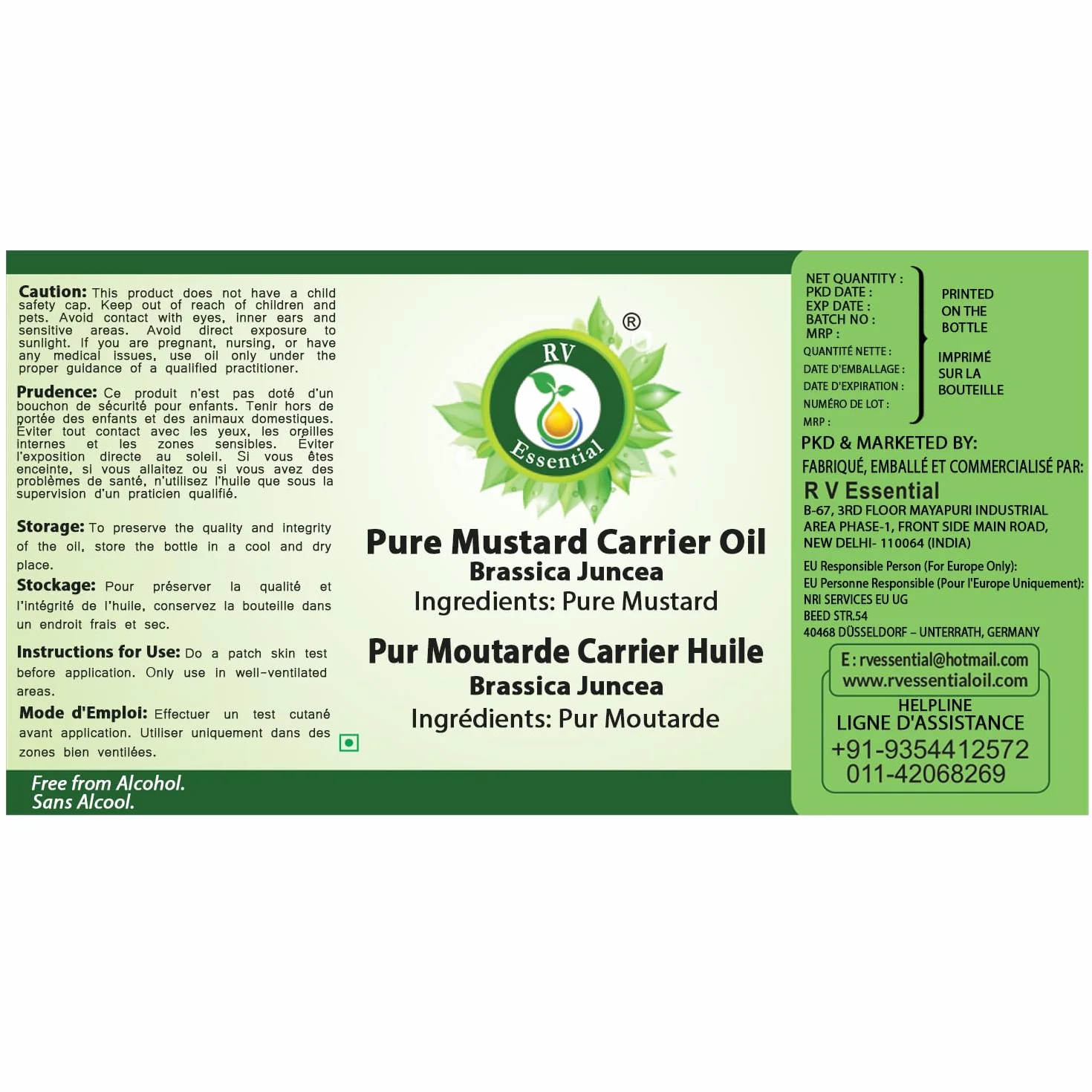 R V Essential Pur porteur moutarde Huile 50ml Brassica juncea Pure Mustard Carrier Oil