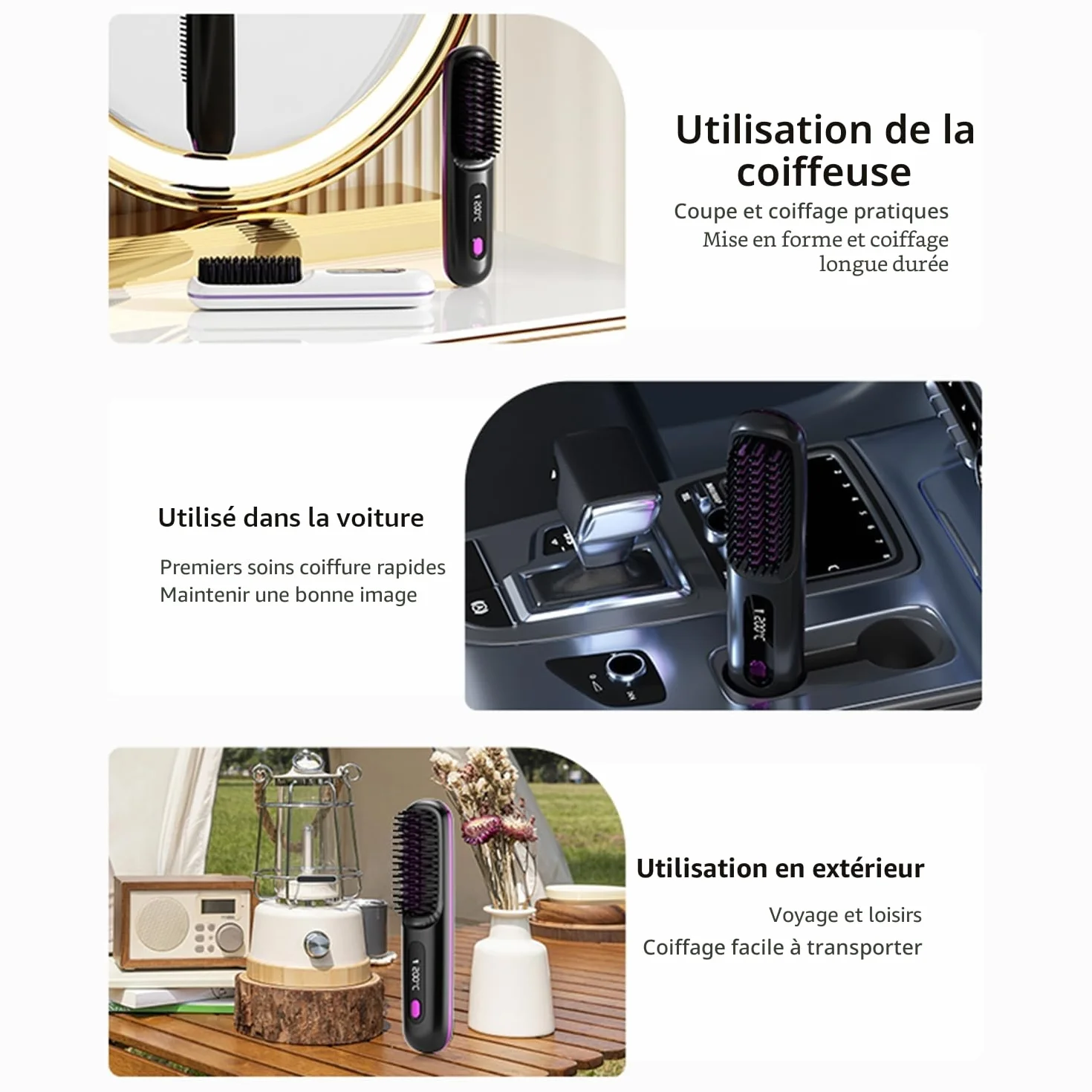 Go Brush Pro Mini brosse à lisser sans fil portable avec affichage LCD température 2000 mAh chauffage rapide céramique (BK)