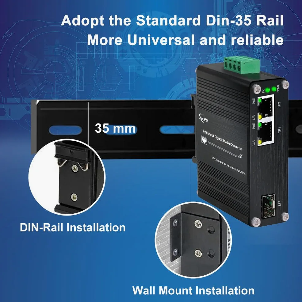 Mini convertisseur de média à fibre Gigabit industriel à 2 ports prenant en charge l'installation sur rail DIN, commutateur à fibre IEEE 802.3af/at 30 W PoE+ avec 2 ports RJ45 et 1 port SFP, entrée