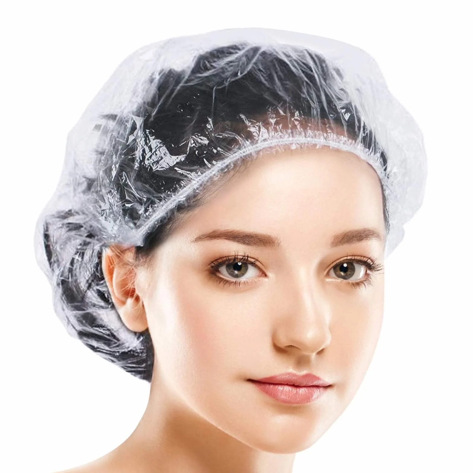 Bonnet de Douche Jetable 50 Pièces, Plastique Transparent Épais, Élastique Large 42cm pour Hôtel Spa
