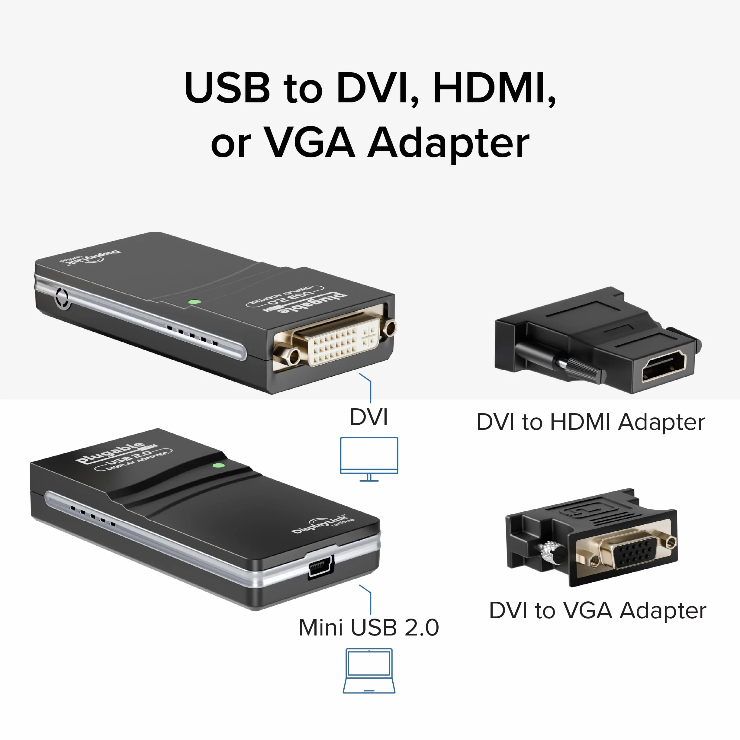 Plugable Adaptateur Graphique USB 2.0 vers VGA DVI HDMI Plusieurs Écrans 1920x1080 Windows 10 8.1 7 XP