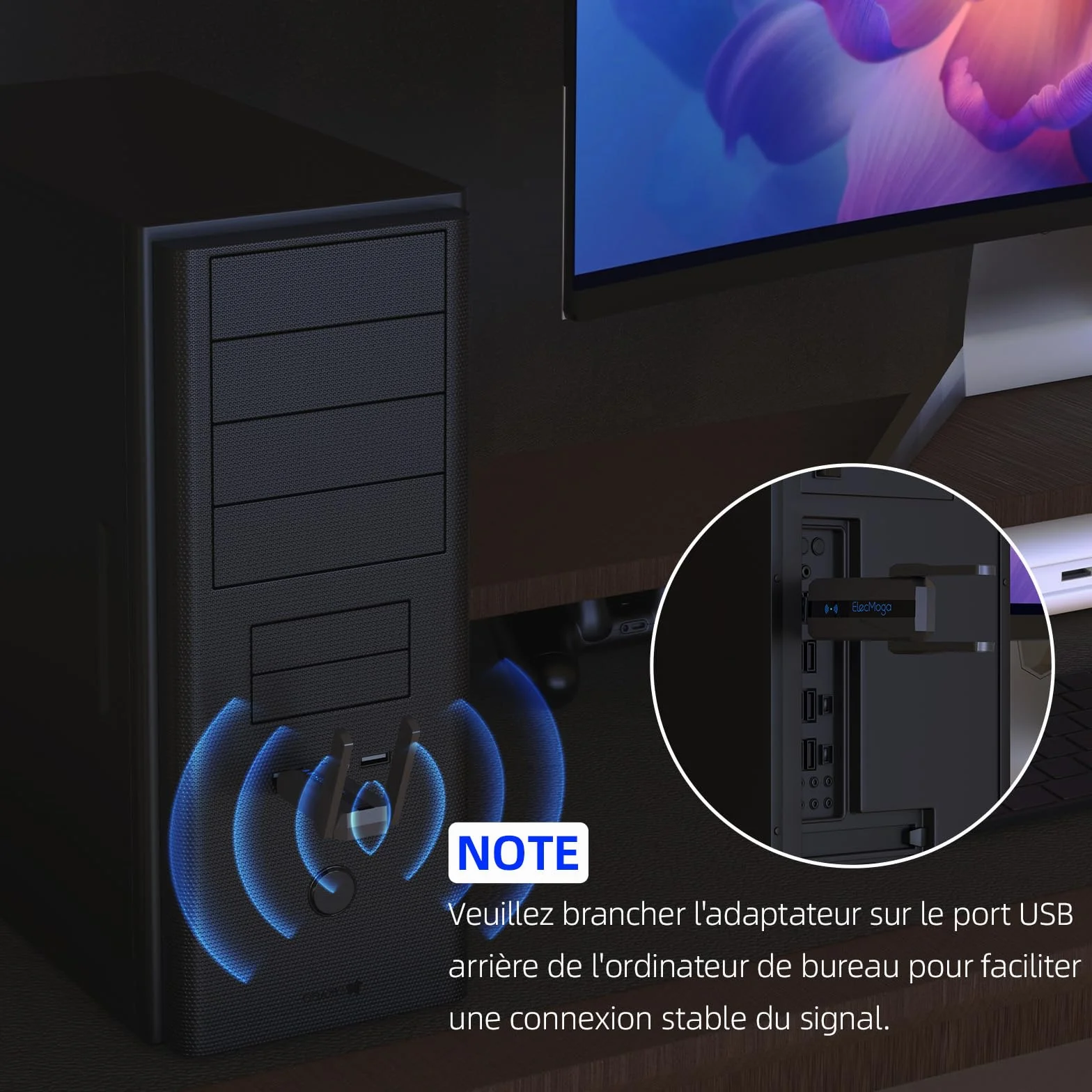 ElecMoga Adaptateur WiFi USB 3.0 AC1300 Mbps Double Bande 2.4GHz/5GHz 5dBi pour PC Windows Mac