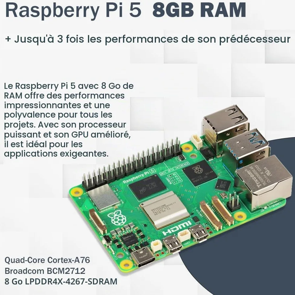 Raspberry Pi 5 Kit de démarrage 8 Go noir | Bloc d'alimentation USB-C 45 W | Boîtier avec ventilateur | Carte SD Ultra 64 Go | Câble Micro HDMI 4K | Dissipateur thermique | Raspberry Pi 5 8 Go de RAM