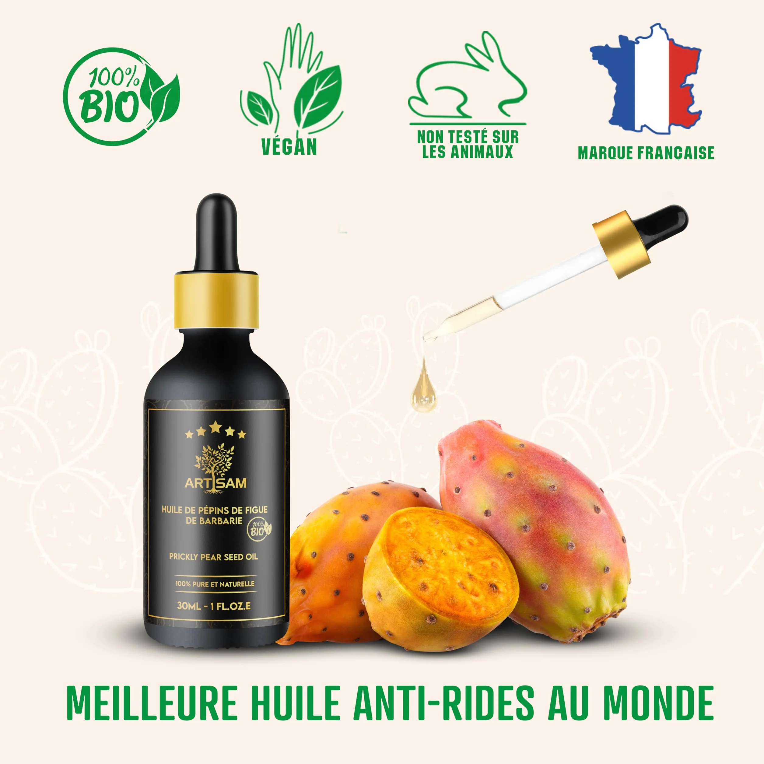 Huile de Pépins de Figue de Barbarie Bio Anti-Âge 30 mL Pressée à Froid Extra Vierge