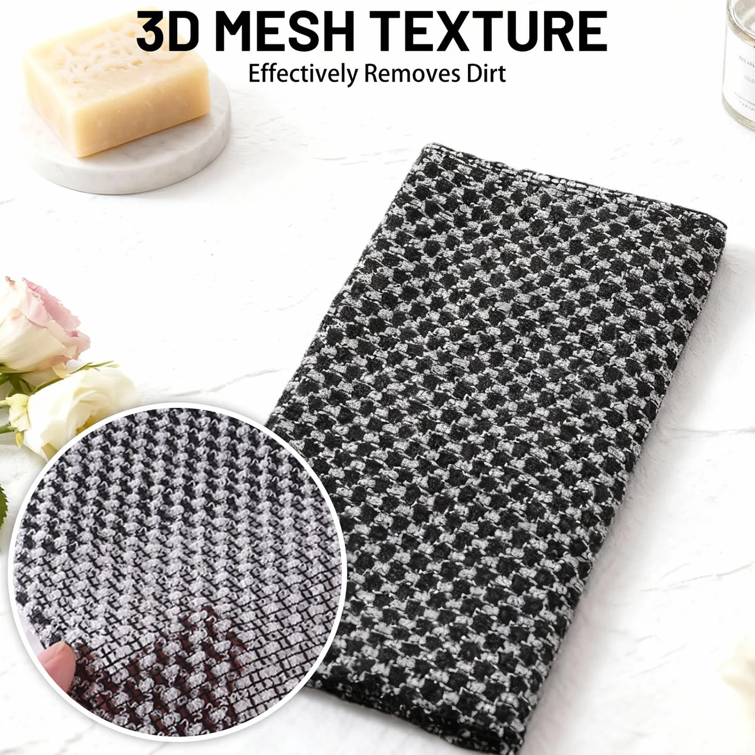 Serviettes Exfoliantes Lot de 3, Serviette de Douche Antibactérienne Longue, Gommage Corps Noir