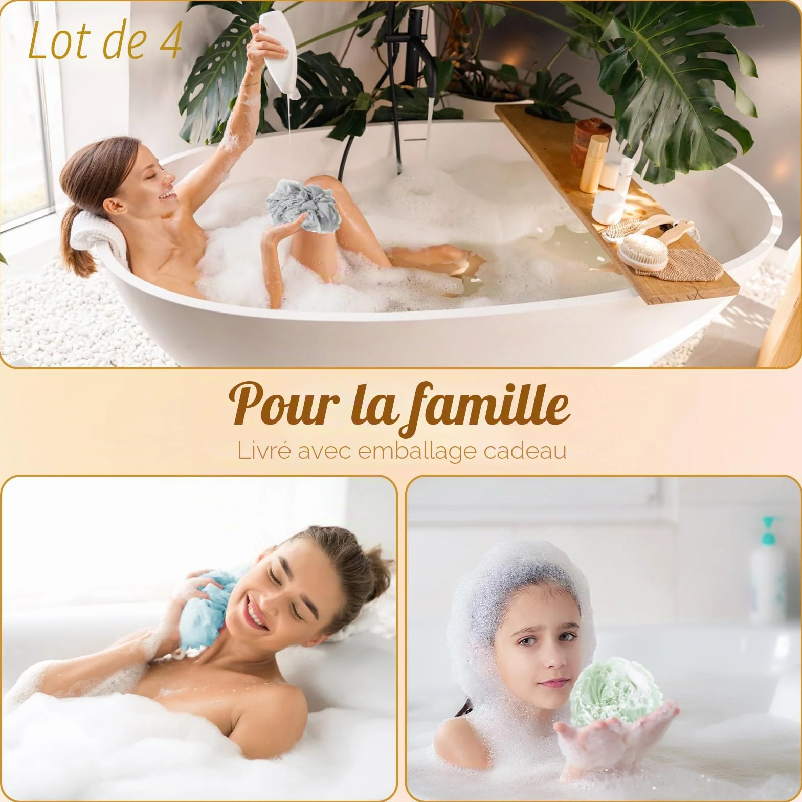 Luffa Lot de 4 éponges exfoliantes pour le corps et le bain – Éponges en luffa pour peaux sèches (bleu et violet)