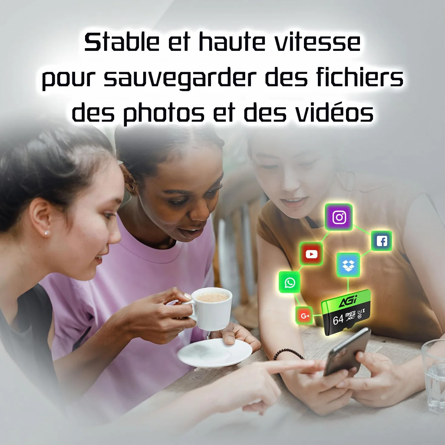 AGI TF138 Carte Micro SD MicroSDXC 64 Go avec Adaptateur SD Lecteur de Carte Type C USB 2.0 OTG