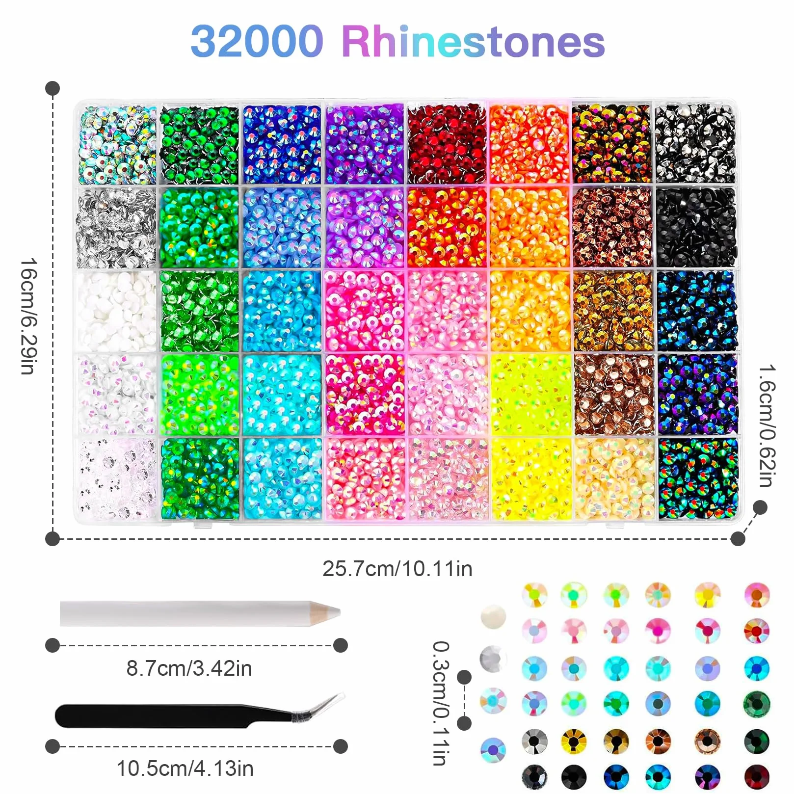 Kit de Strass en Résine 32 000 Pièces, 40 Couleurs Strass Plats Perles 3 mm pour Travaux Manuels, Décoration Ongles, Textiles