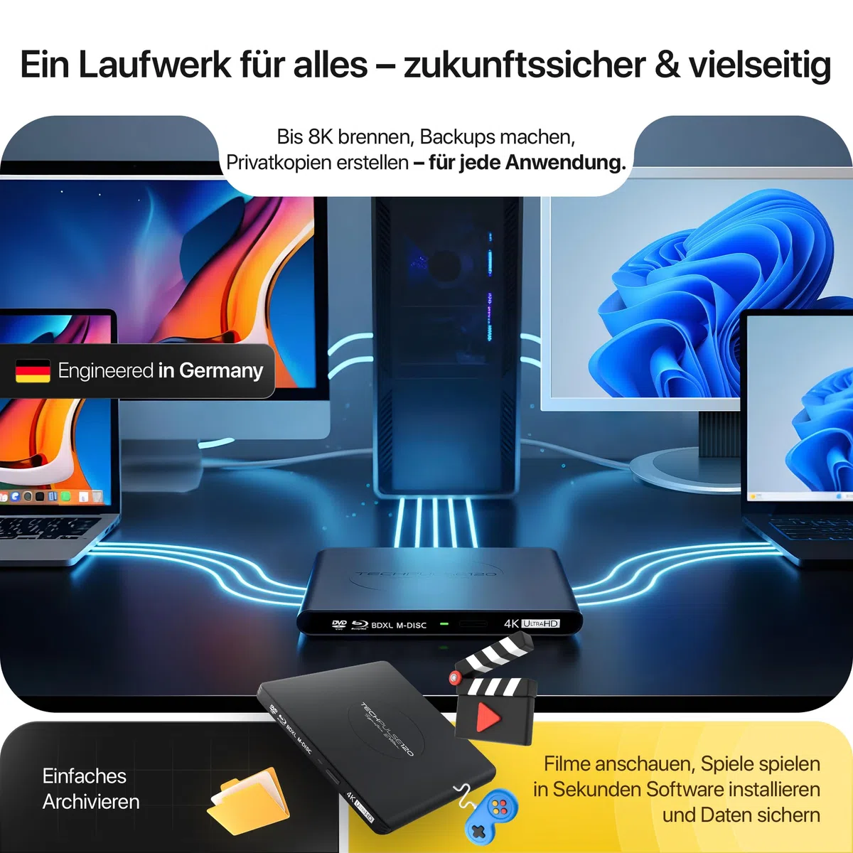 techPulse120 Externe USB 3.1 USB-C UHD 4k 3D M-DISC Blu-ray DVD CD HDR10 128GB Lecteur Graveur Burner Signature Paquet Sac 90cm Câble de Connexion Aluminium (Noir)