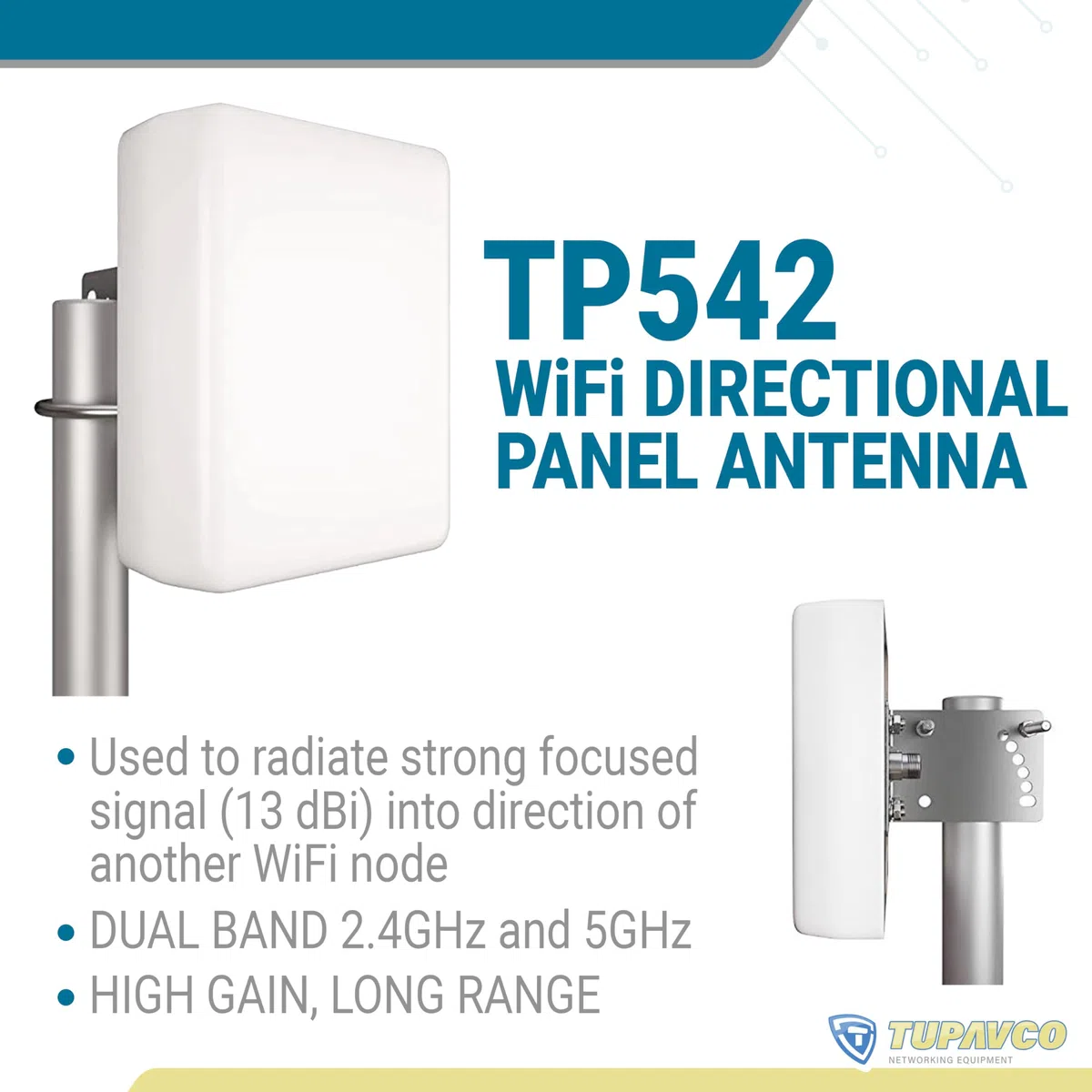 TP542 Dual-Band (13dBi) Outdoor Directional Panel Antenna (2.4GHz & 5GHz WiFi) Wireless Network Signal (Pole Mast Mount) Weatherproof High-Gain Long-Range (w/N-Female Connector)