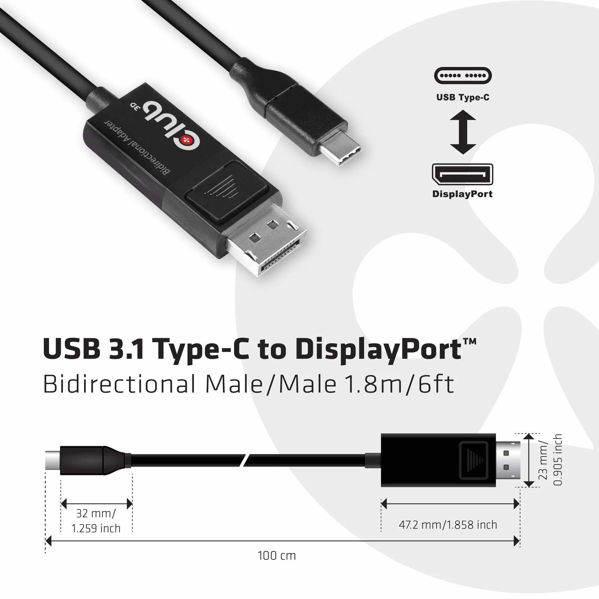 Club 3D Câble Adaptateur USB Longueur : 1,8 m - Type C vers Displayport - 8K60Hz HDR - Noir - Référence : CAC-1557