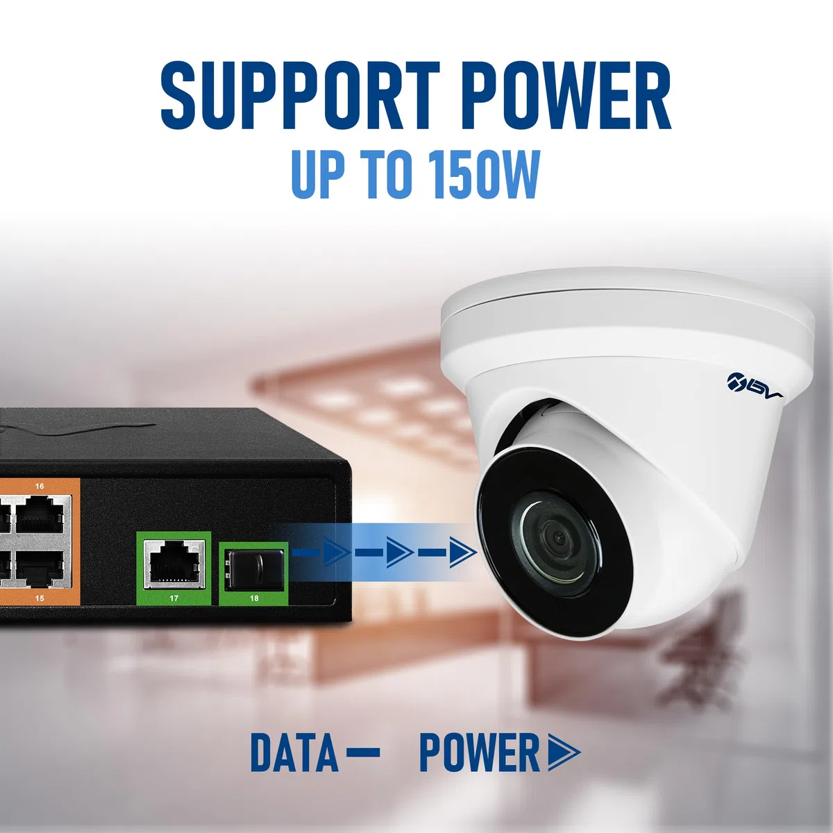 BV-Tech Commutateur Switch 18 Ports PoE+ (16 Ports POE+ | 2 Gigabit Uplink) – 130W – 802.3at – POE-SW1602A